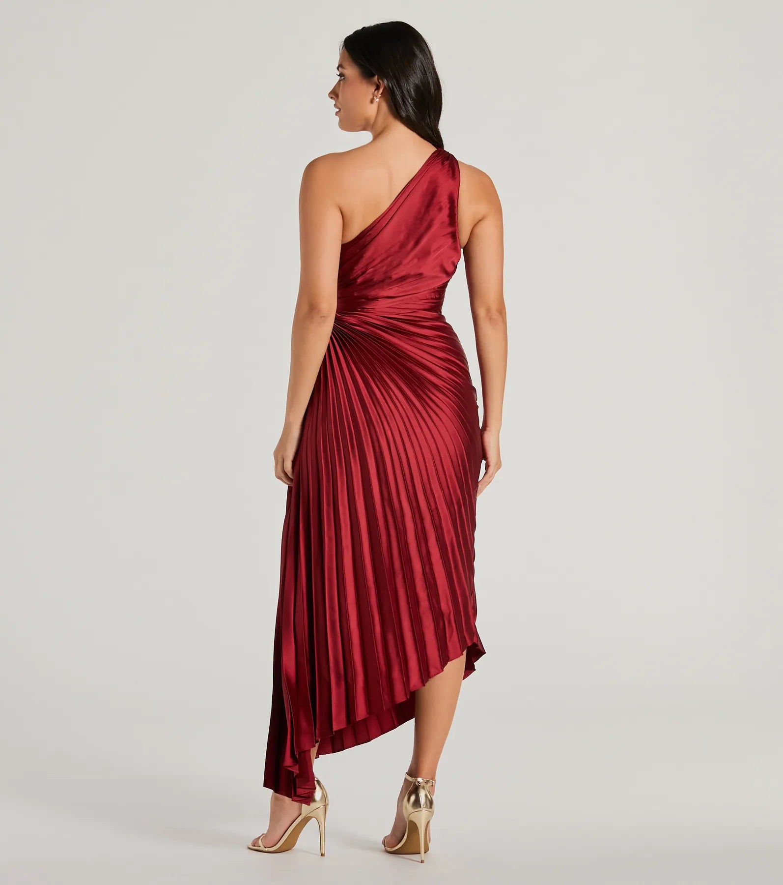 Felicity One-Shoulder Pleated Satin A-Line Midi Dress