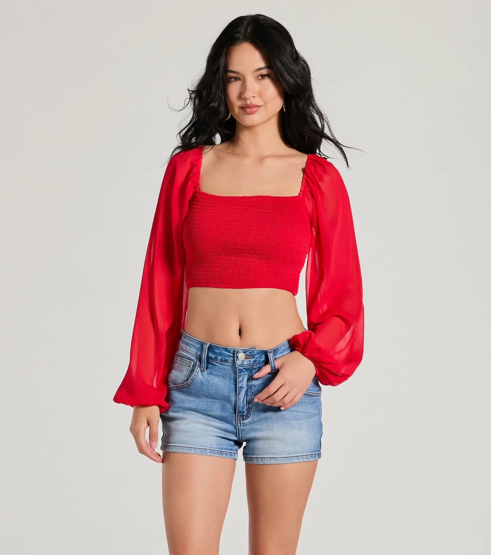 CLEARANCE - Too Sweet Long Sleeve Smocked Chiffon Crop Top