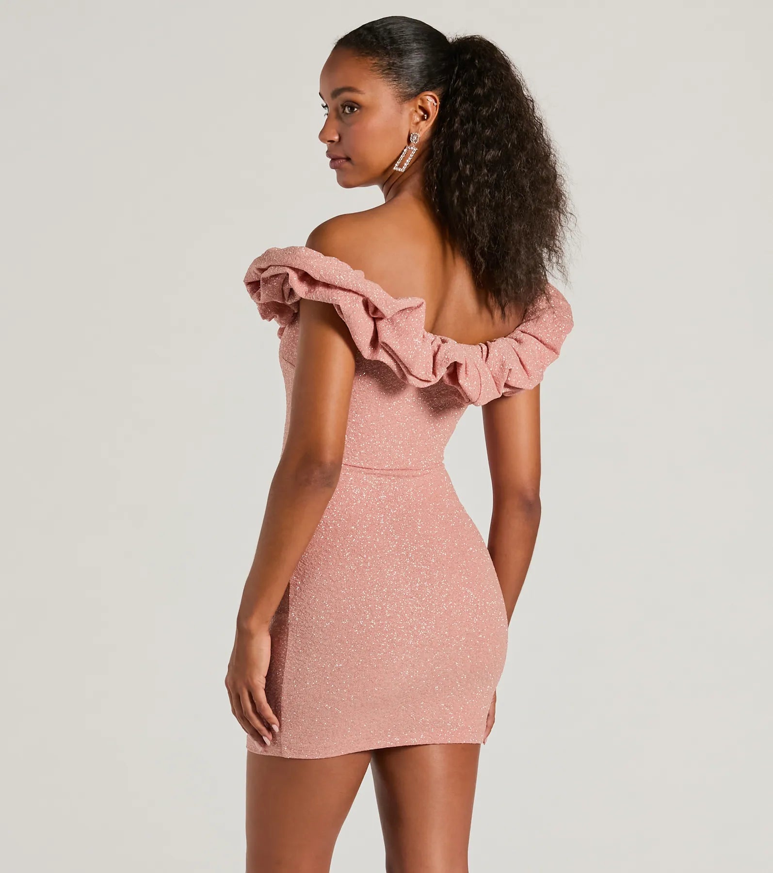 Ember Off-The-Shoulder Ruffle Glitter Party Dress