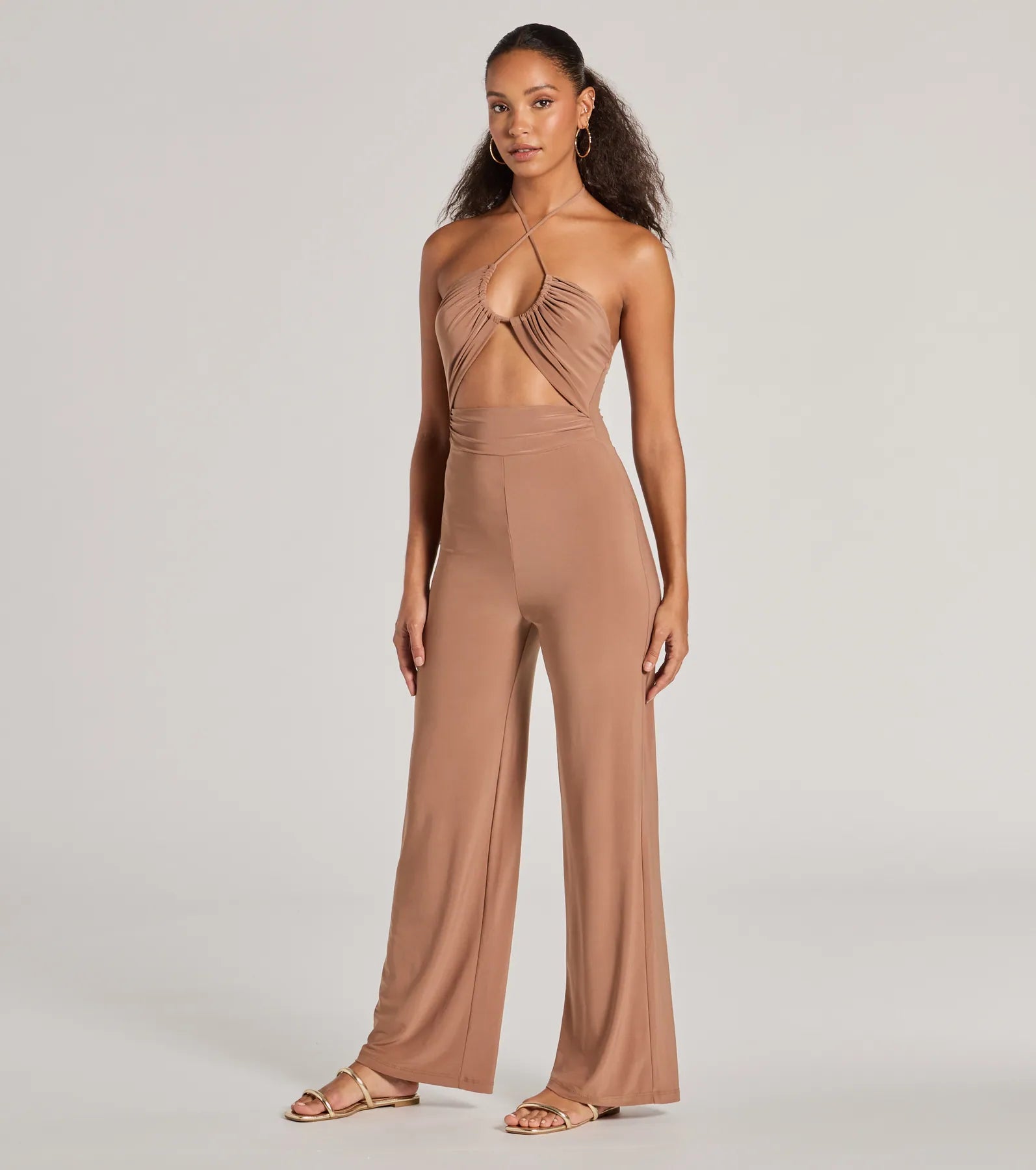 Enticing Sass Halter Cutout Wide-Leg Jumpsuit