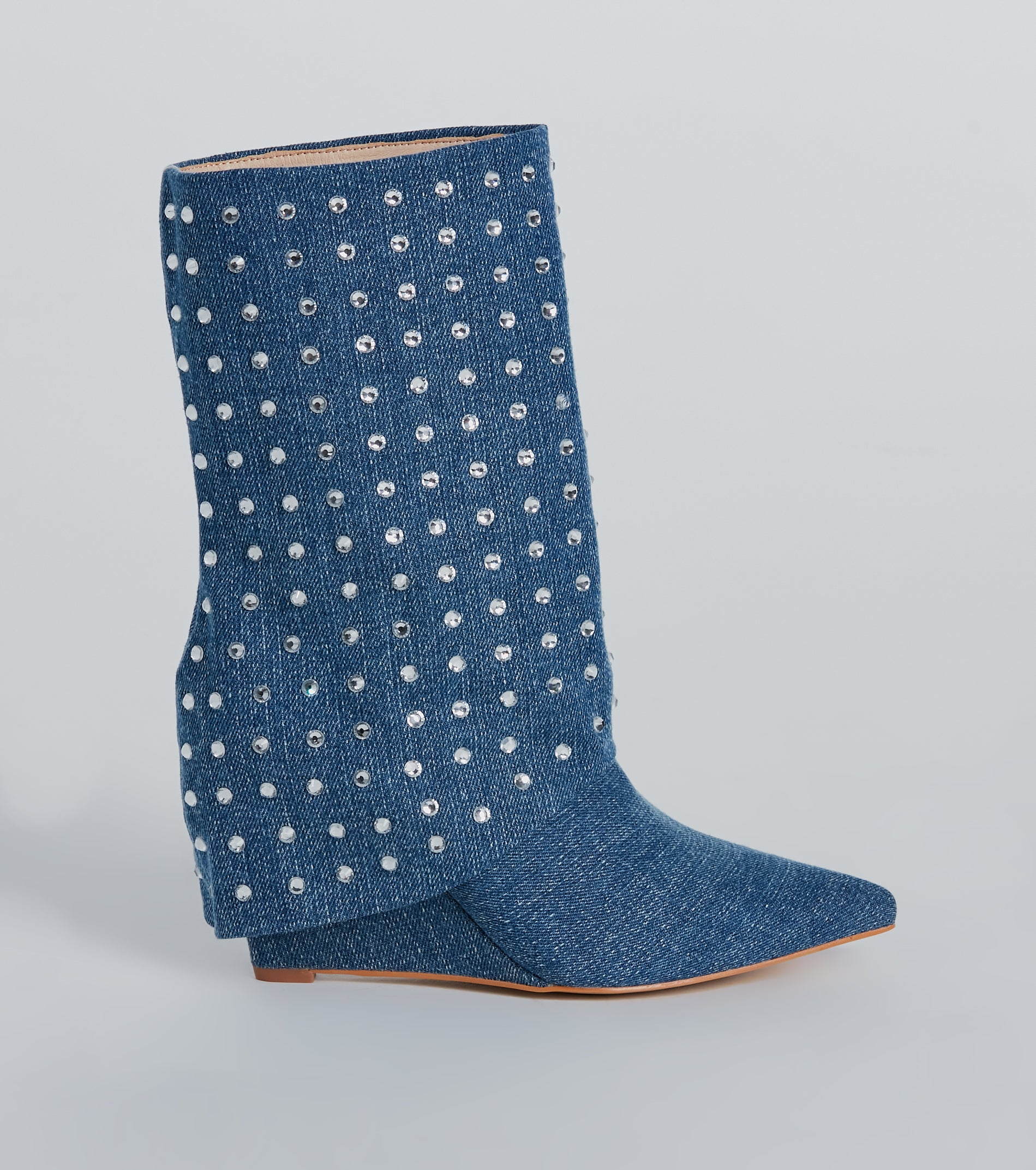 Fashion Diva Rhinestone Fold-Over Denim Boots