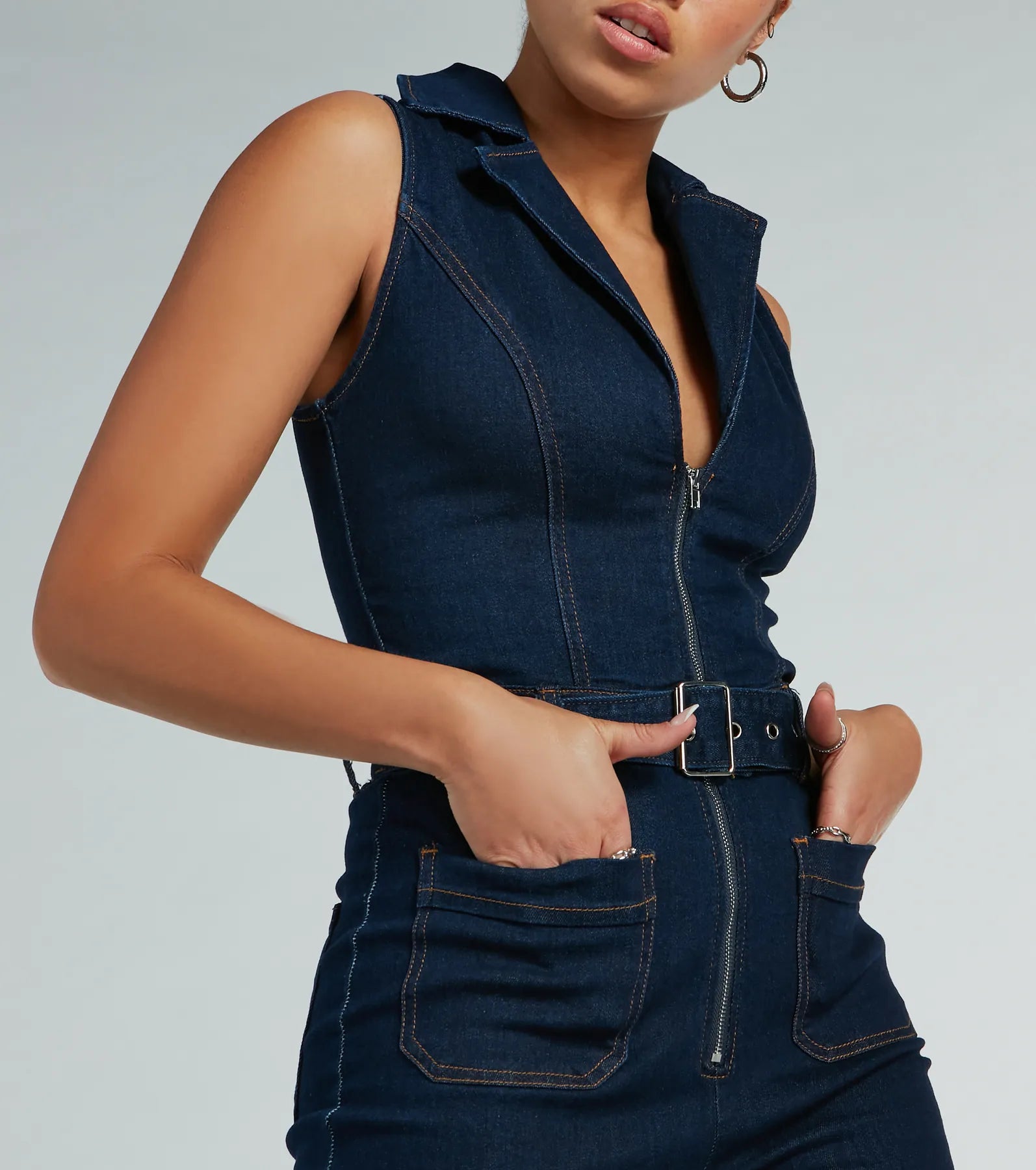 Retro Vibes Belted Flared-Leg Denim Jumpsuit