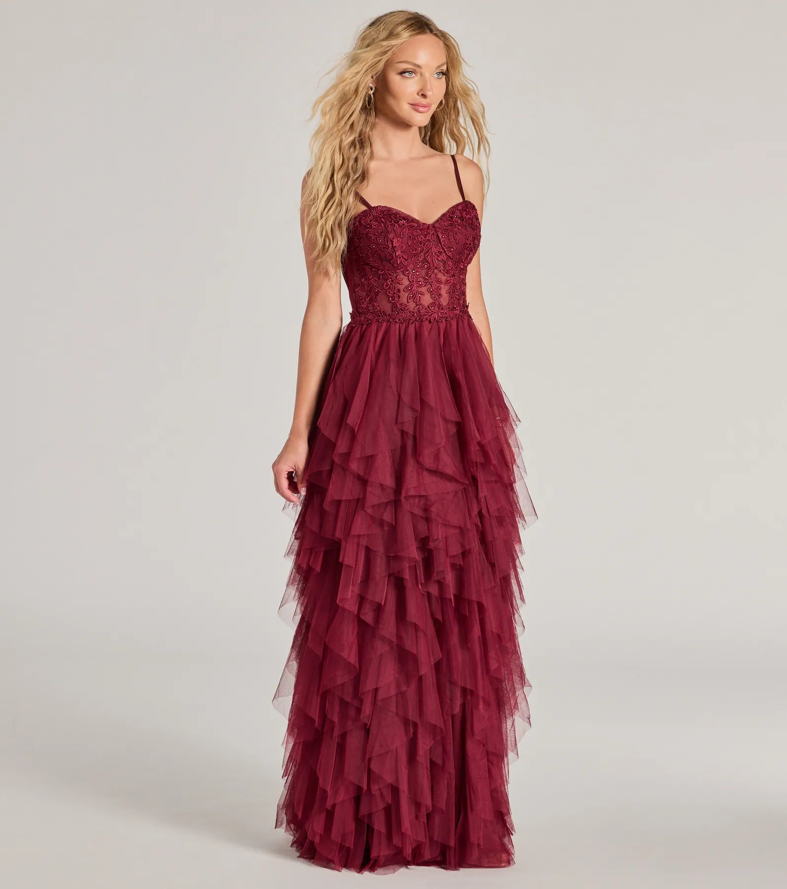 Keyla Floral Applique Tiered Ruffle Tulle Gown