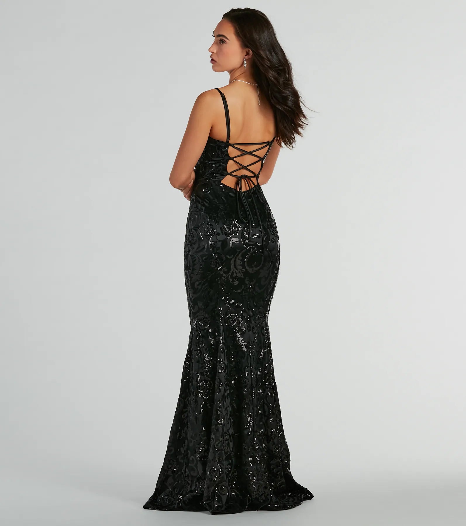 Carly Lace-Up Mermaid Sequin Satin Formal Dress