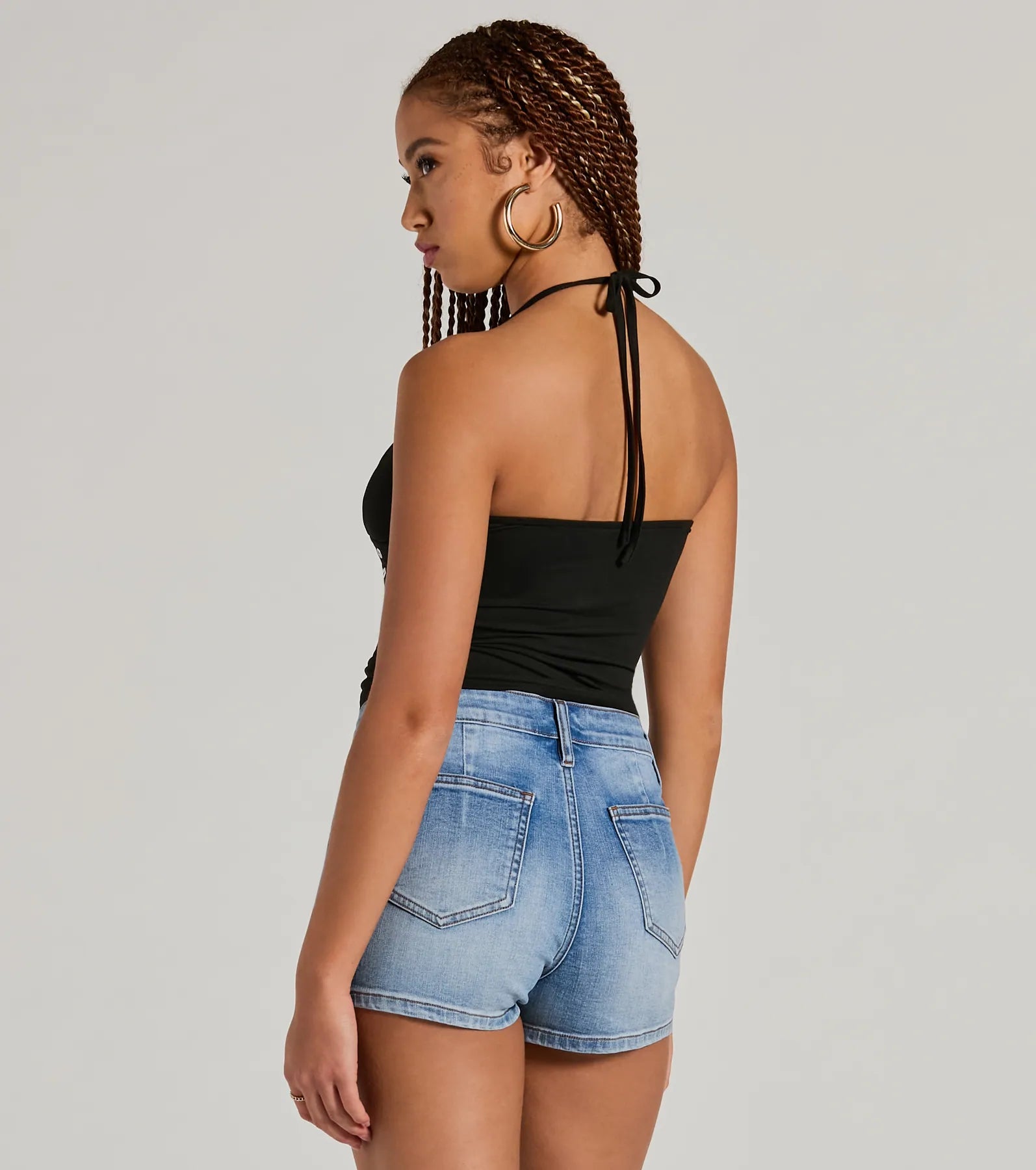 Buckle Down Halter V-Neck Crop Top