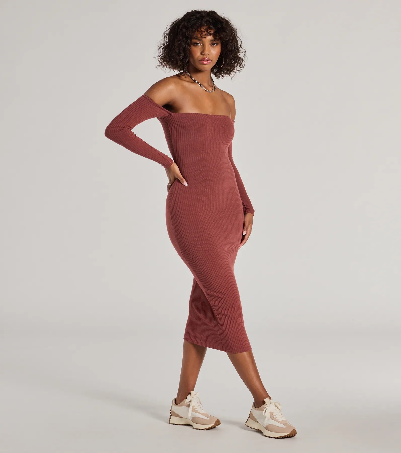 Carefree Chic Long Sleeve Ribbed Knit Midi Dress