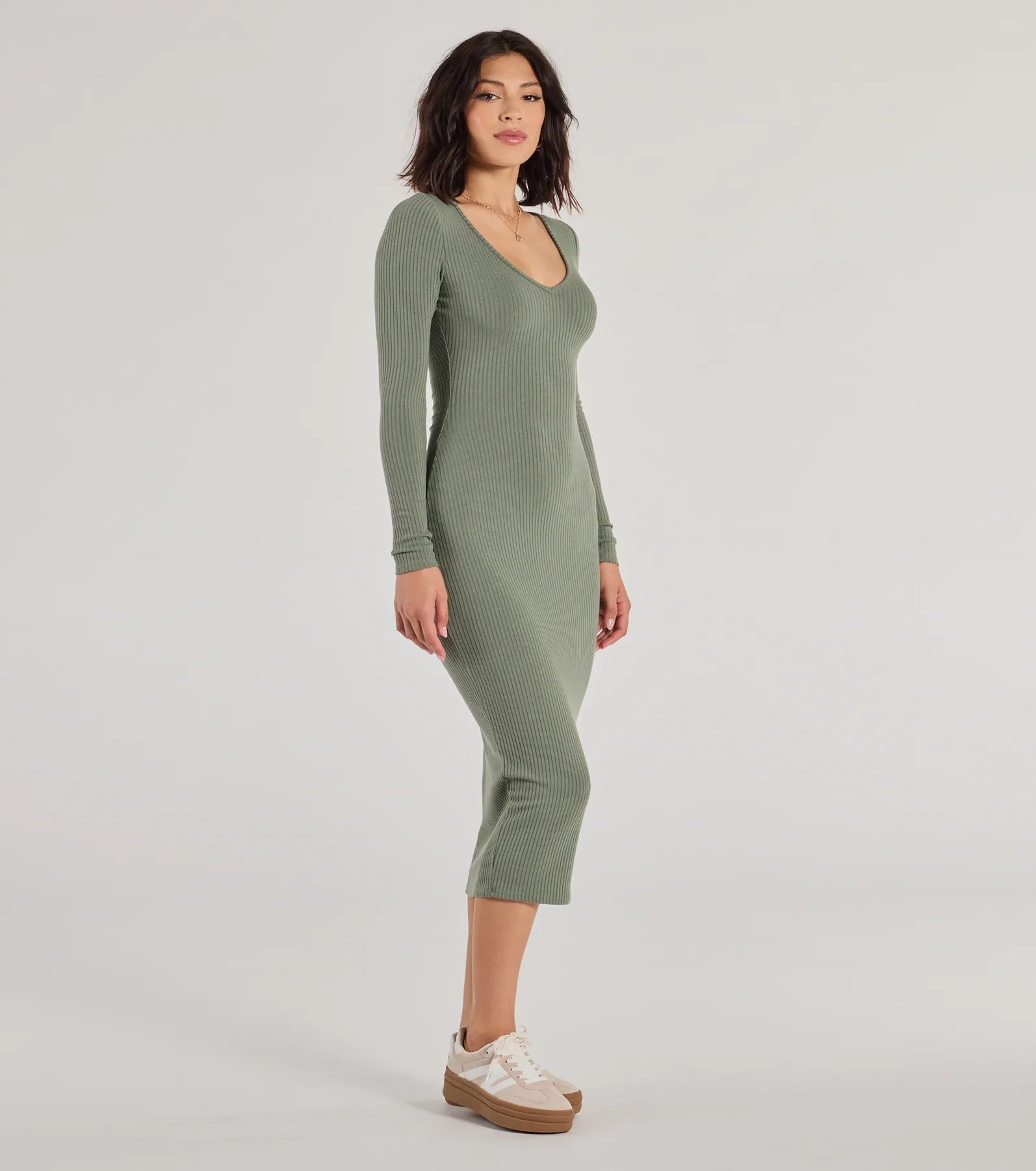 Casual Chic Style Long Sleeve Ribbed Knit Midi Dress