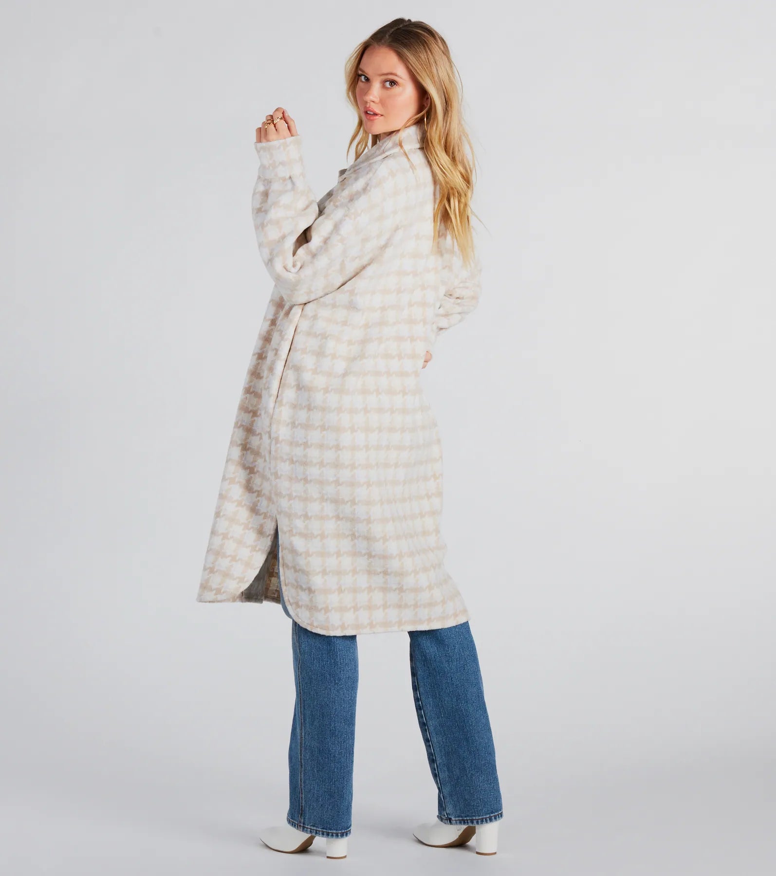 Setting Trends Faux Wool Houndstooth Long Shacket