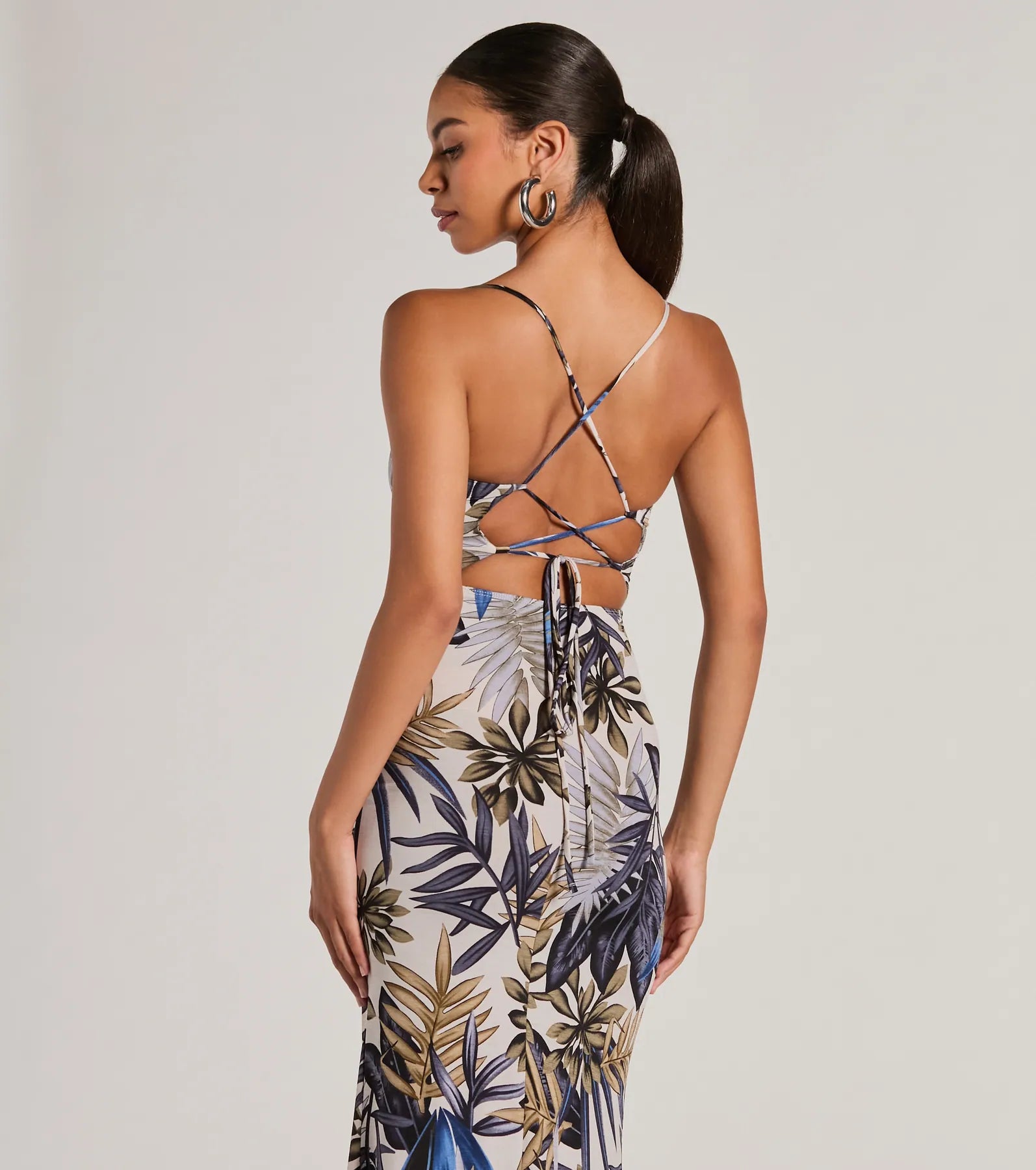 Summer Vacay Lace-Up Tropical Maxi Dress