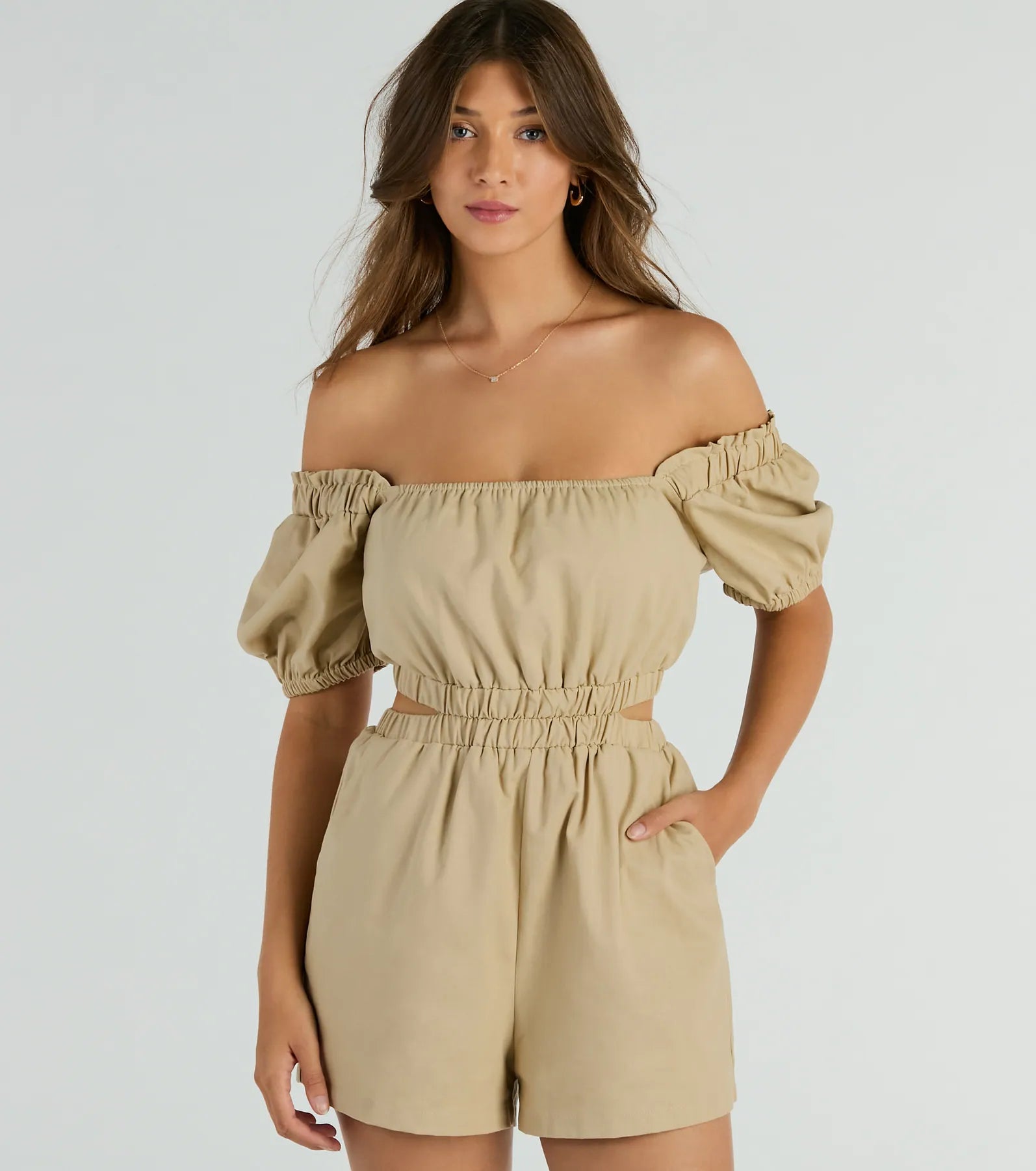 Day Time Adventure Puff Sleeve Cutout Linen Romper