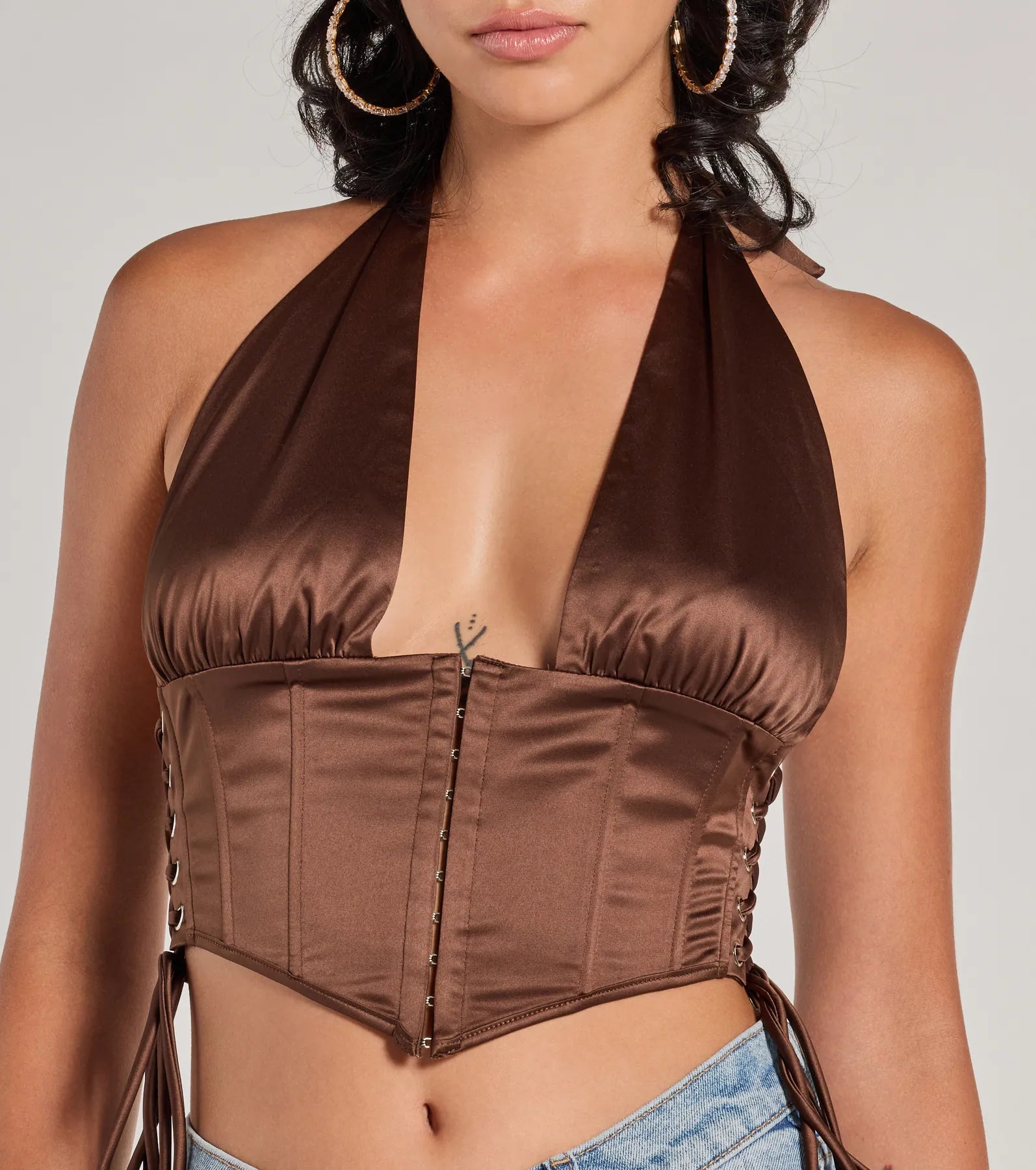 Edgy Luxe Satin Halter Cropped Corset Top