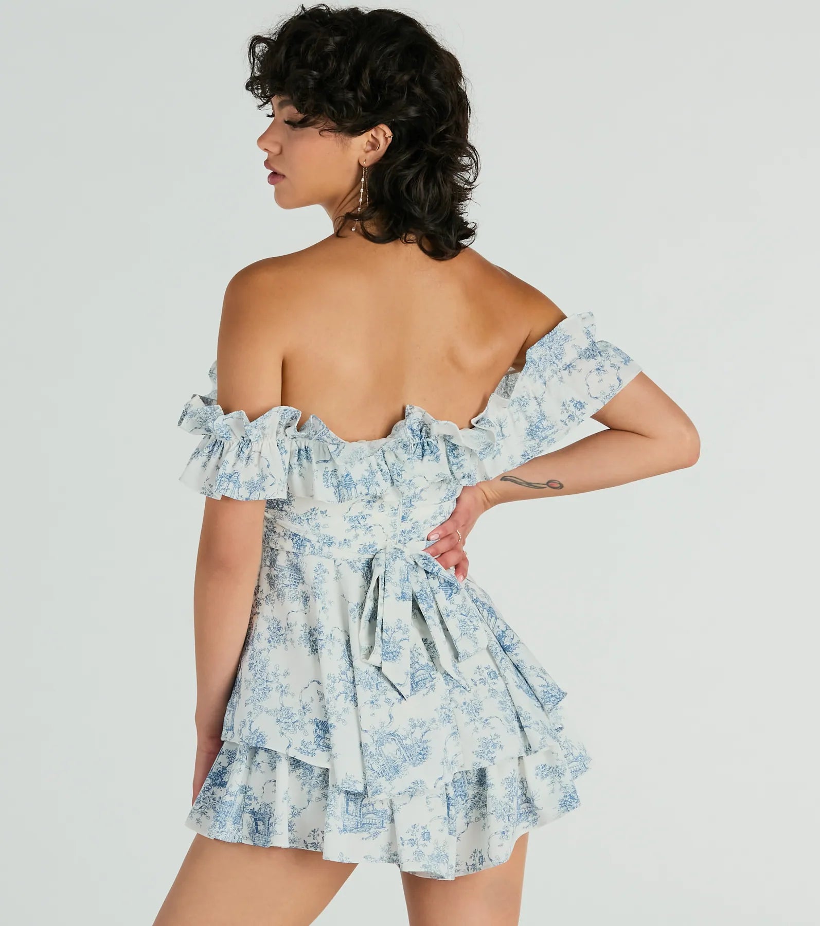 Pretty Girl Ruffled Off-The-Shoulder Scenic Print Romper