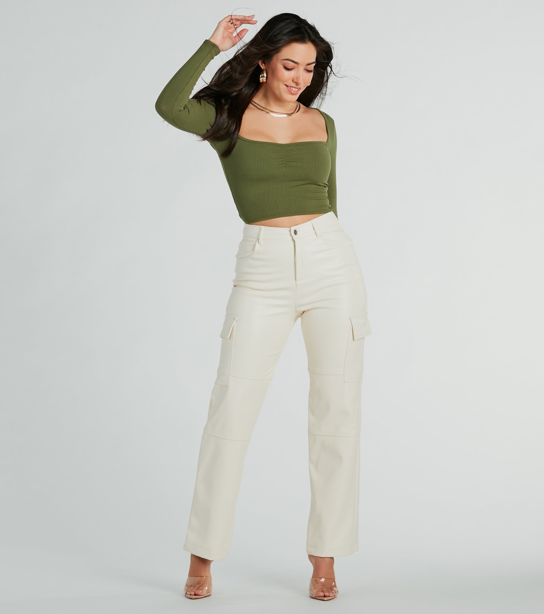 Sleek Straight-Leg Faux Leather Cargo Pants