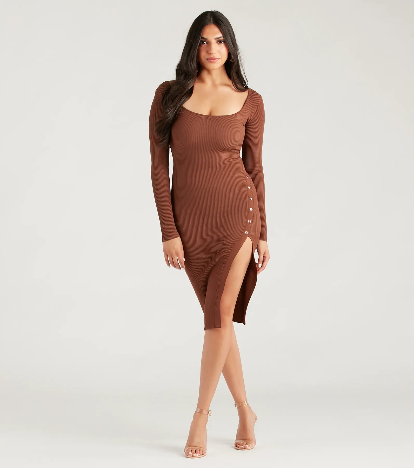 Stylish Snap Button Sweater Midi Dress