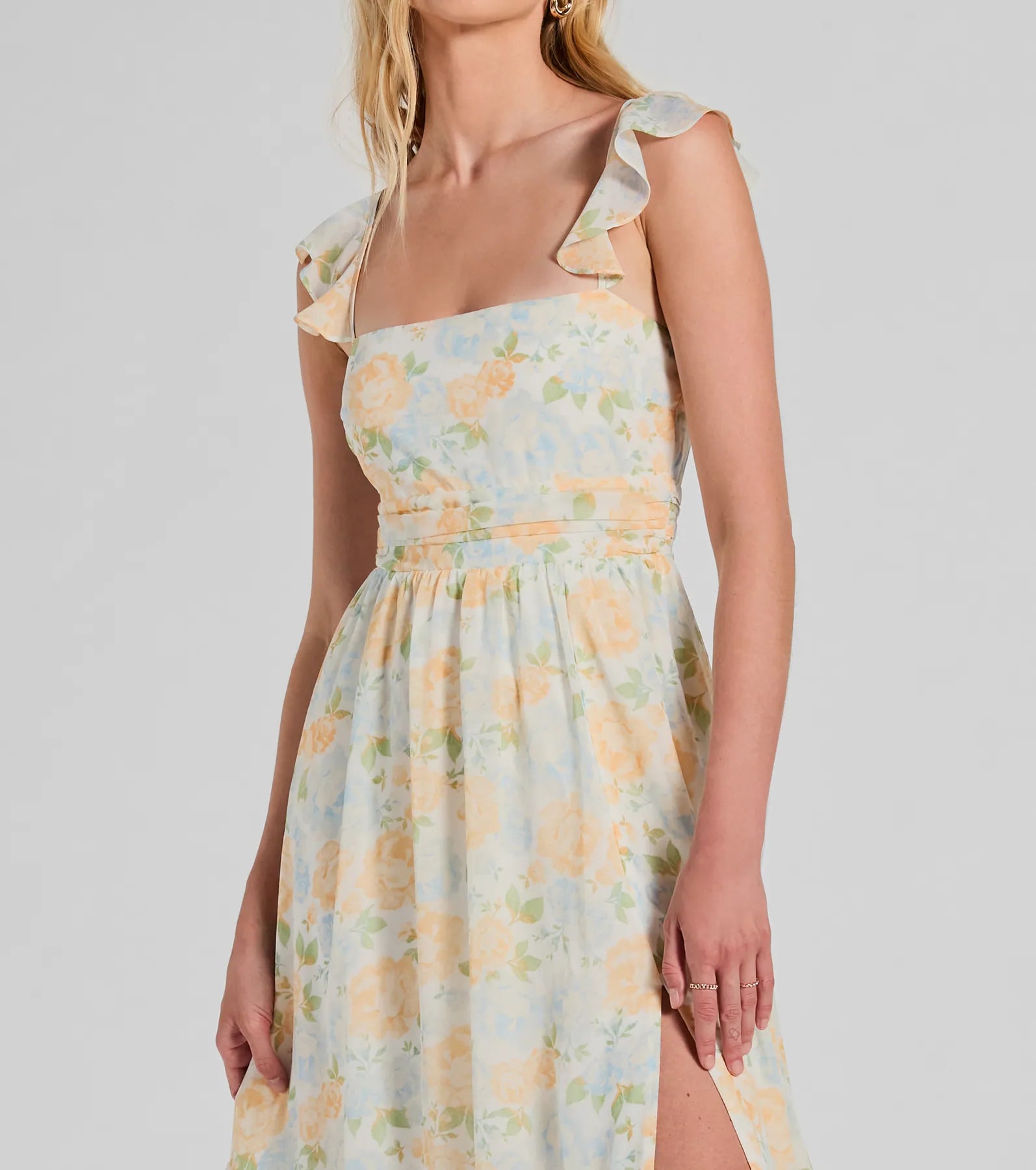 Delightfully Chic Ruffled Floral Chiffon Midi Dress