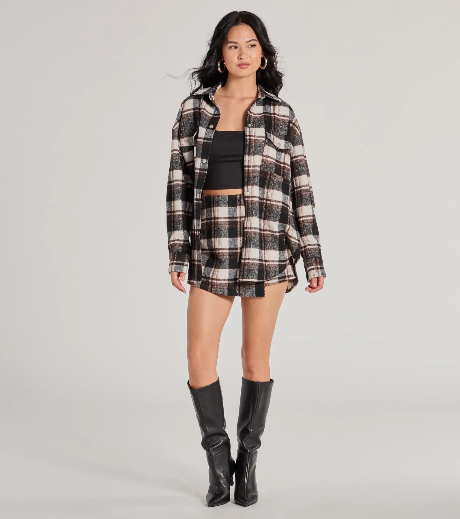 Classically Chic Plaid Long Sleeve Oversized Shacket