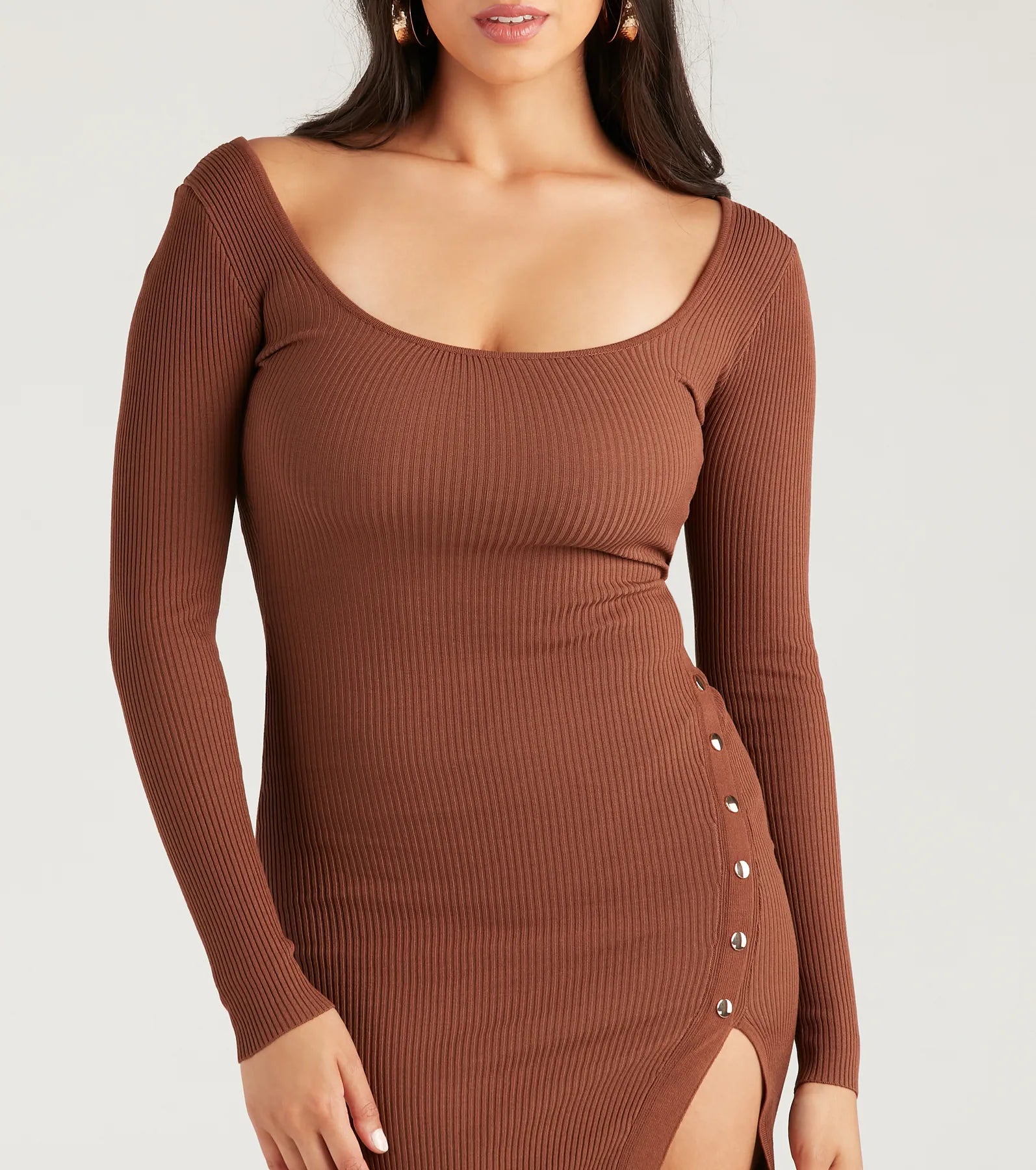 Stylish Snap Button Sweater Midi Dress