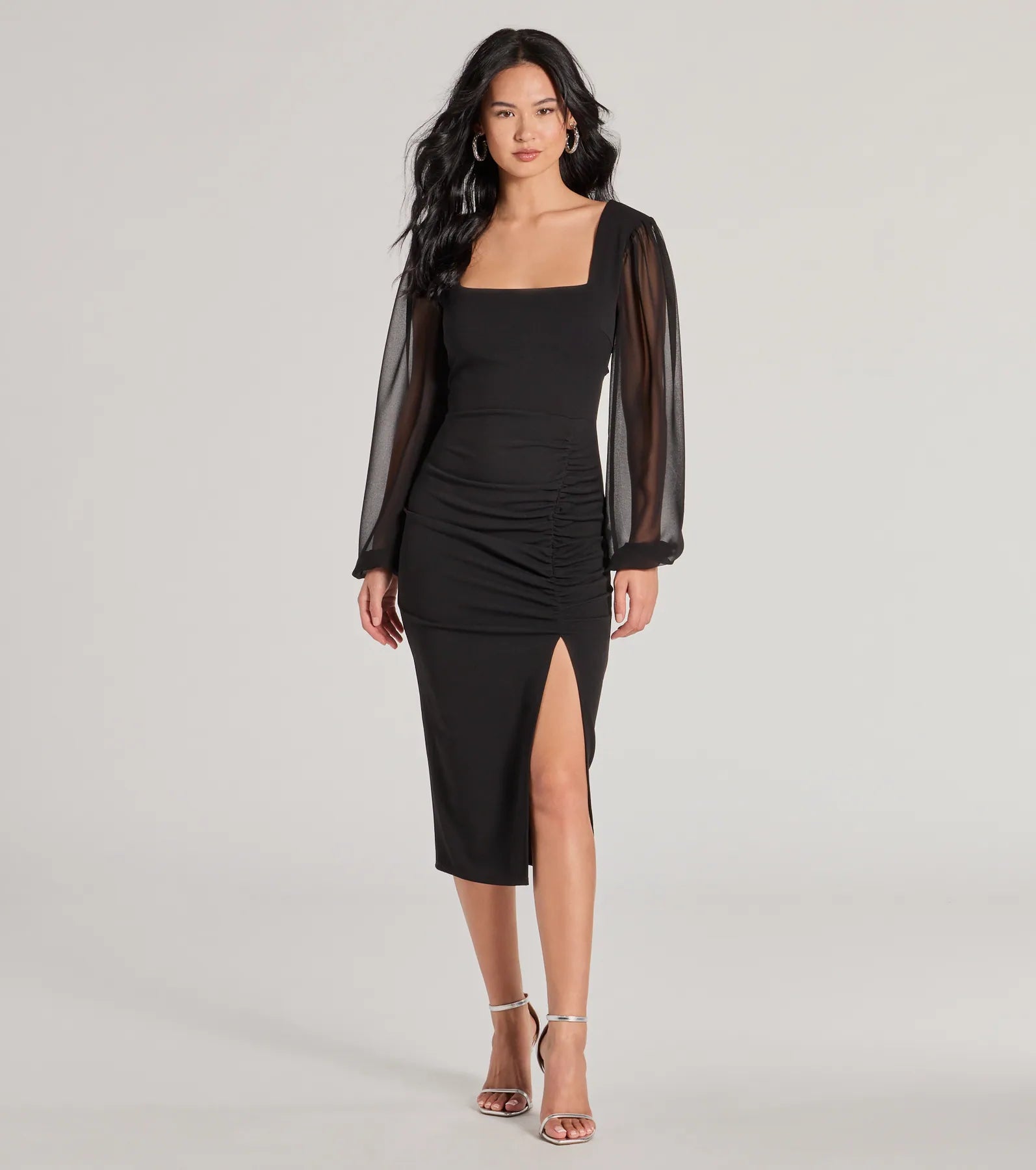 Celeste Tie-Back Slit Crepe Midi Formal Dress