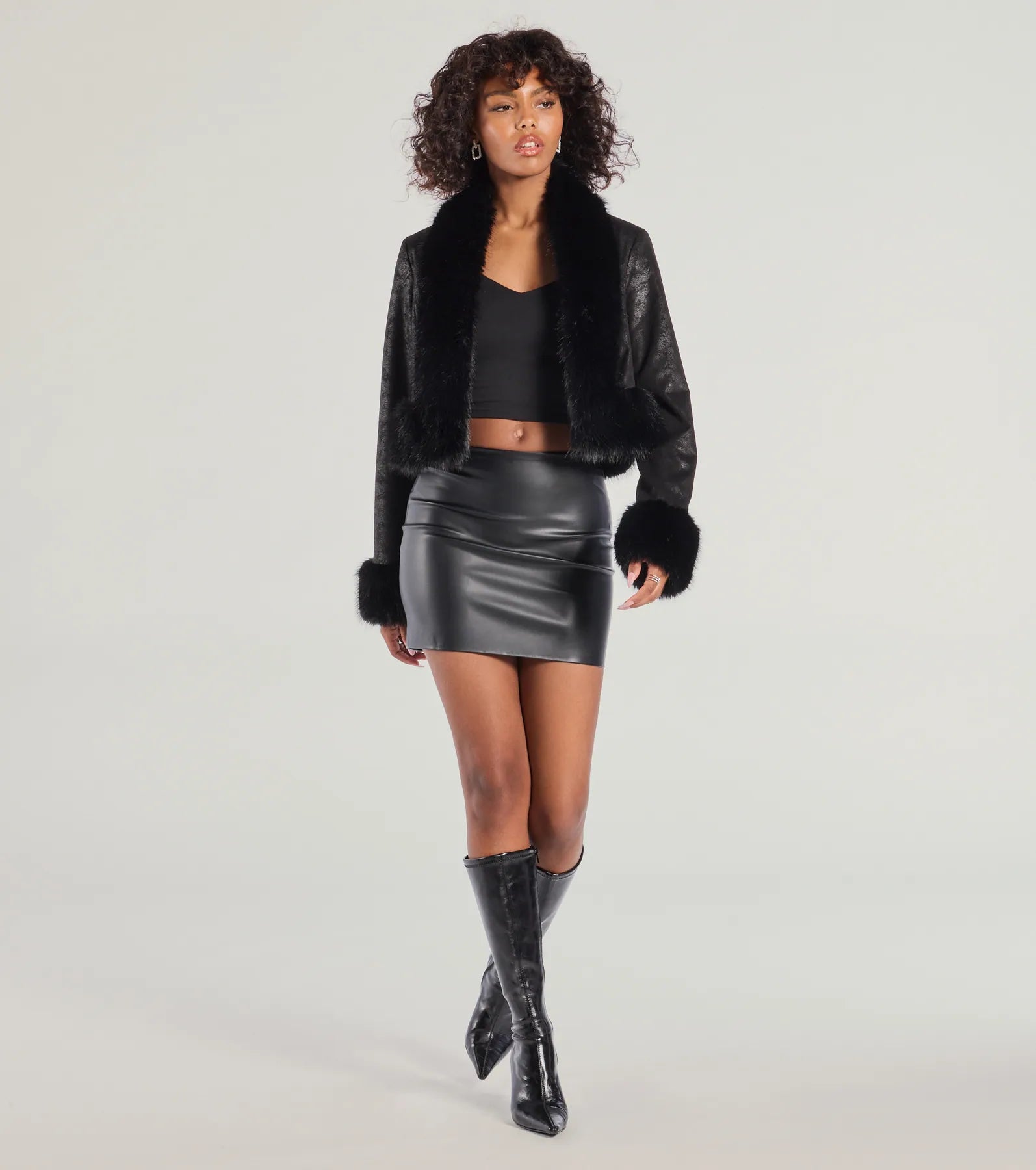 Diva Status Faux Fur Trim Crop Jacket