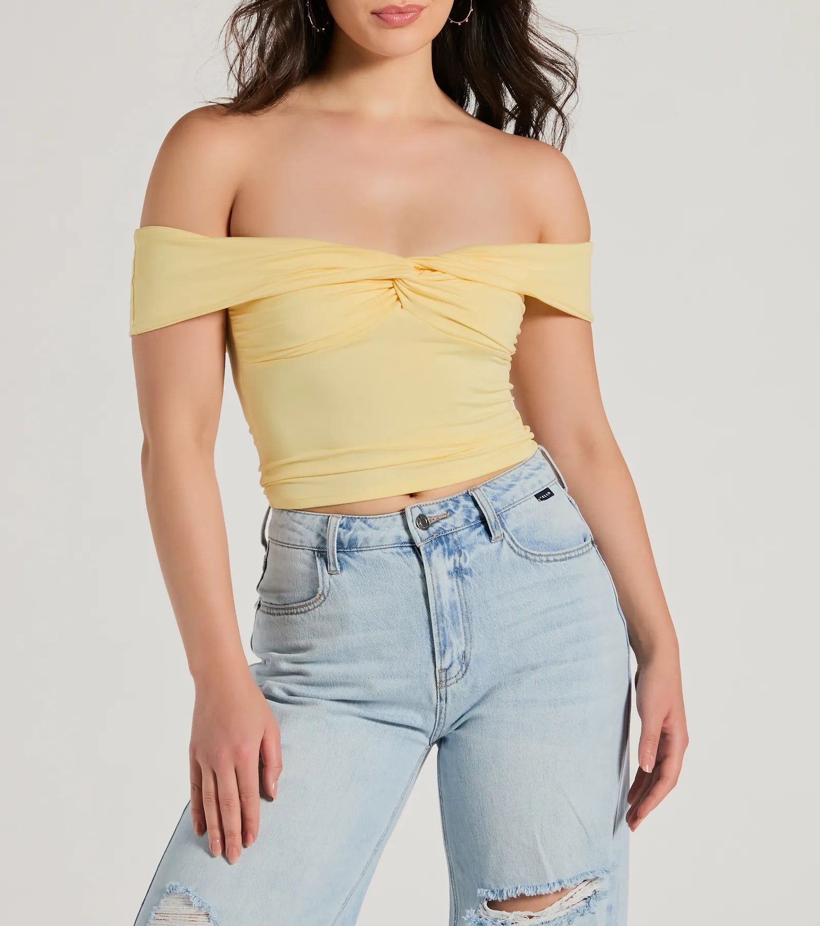 Trendy Twist-Front Off-The-Shoulder Crop Top