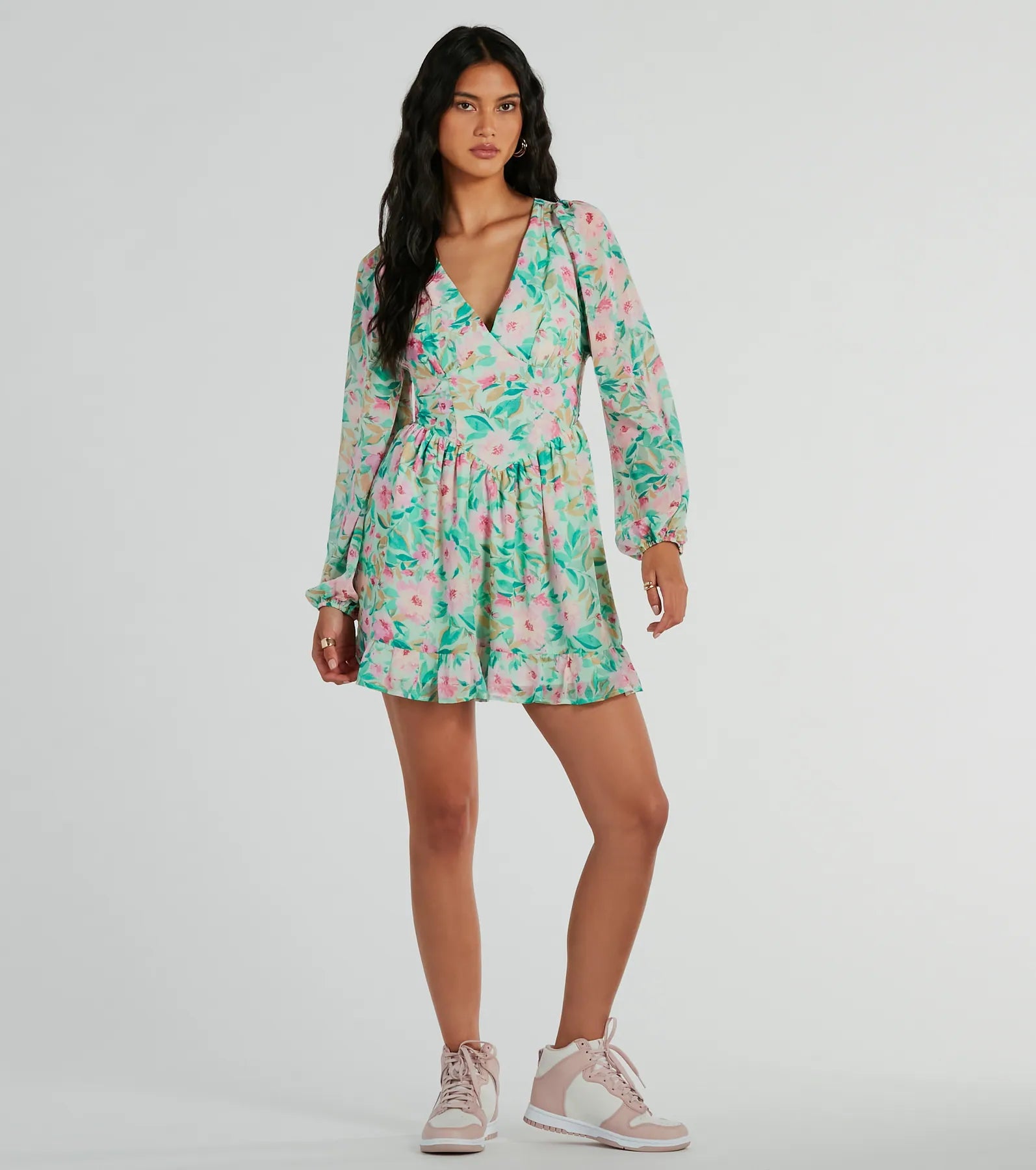 Radiant Vacay V-Neck Floral Chiffon Skater Dress