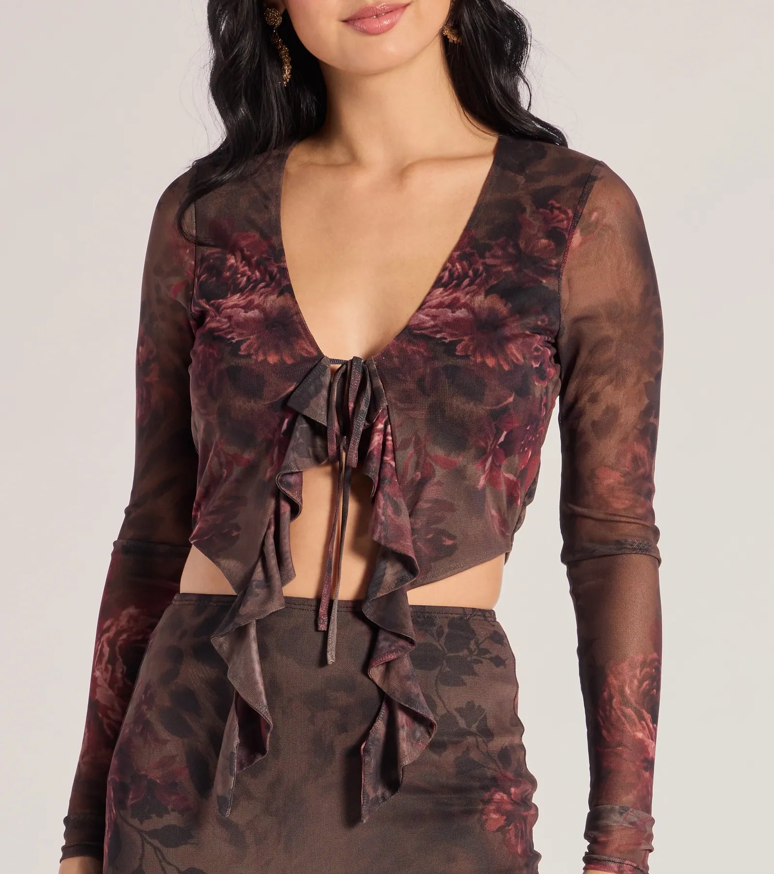 Wild Blossom Abstract Print Tie-Front Crop Top