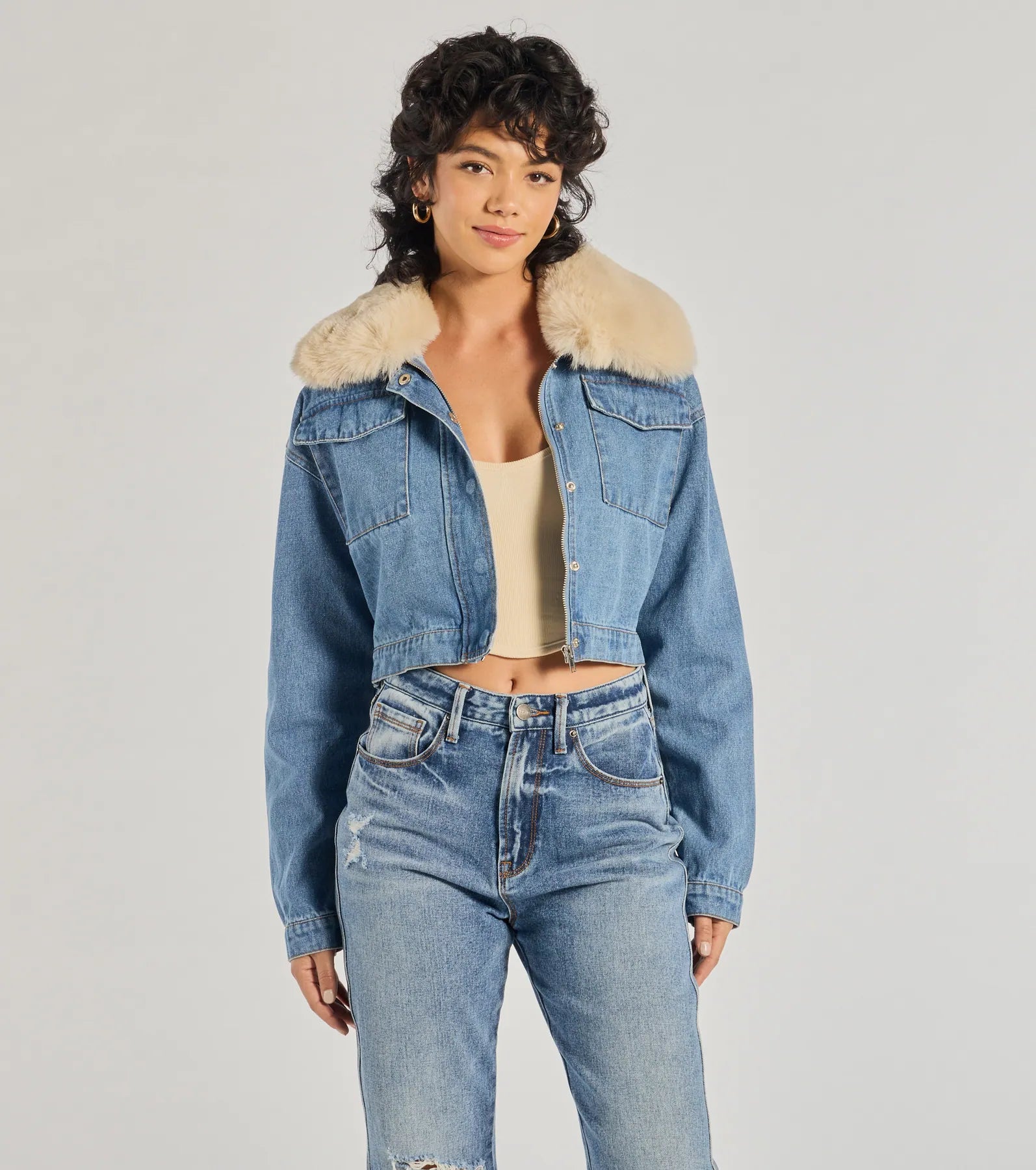 Casual Trendsetter Faux Fur Denim Trucker Jacket