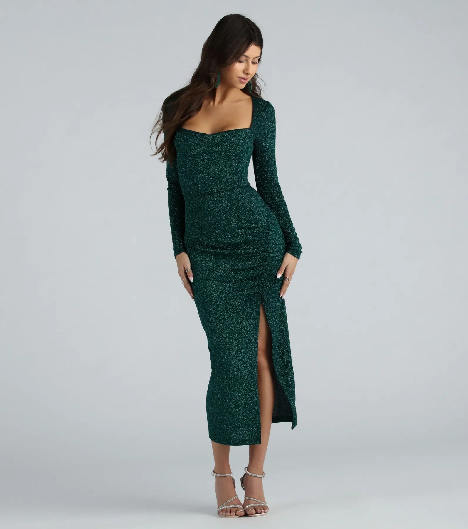 April Formal Glitter Long Sleeve Midi Dress