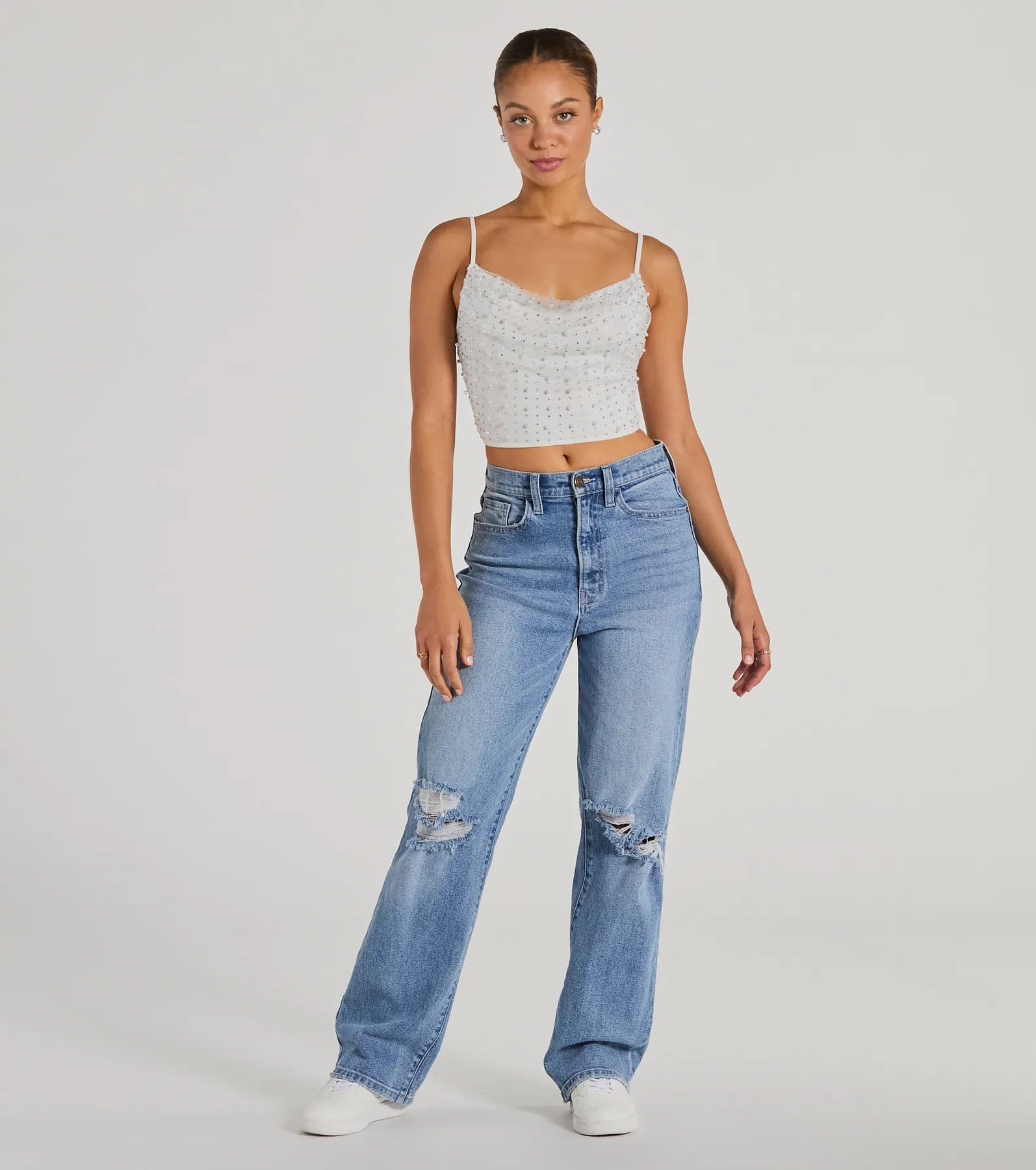 Little Moment For Faux Pearl Rhinestone Crop Top