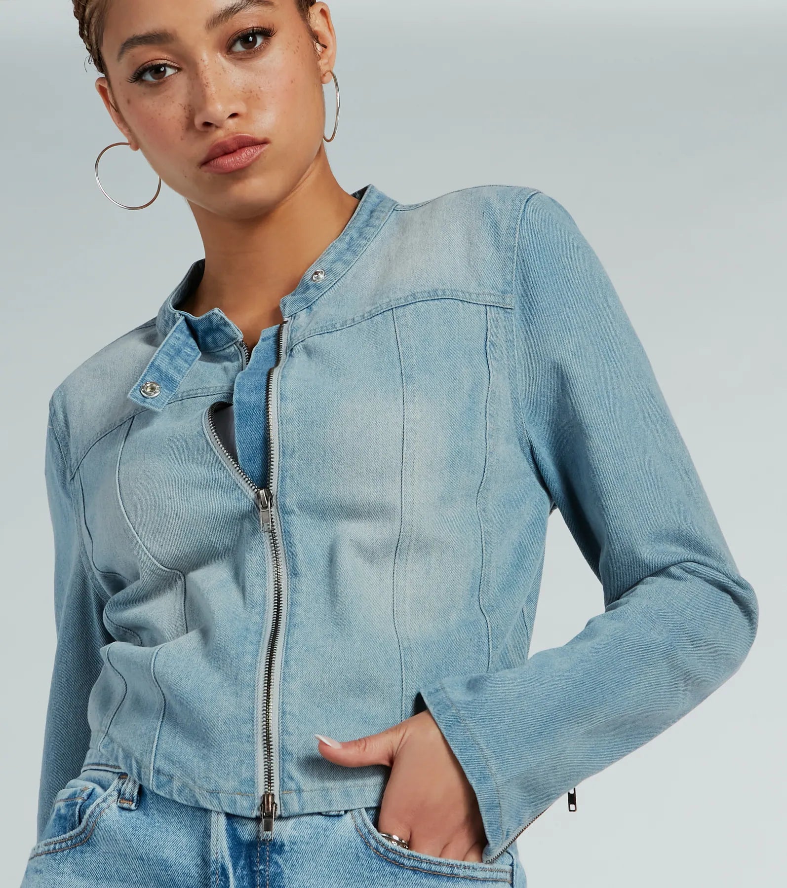 Time To Slay Zip-Up Denim Moto Jacket