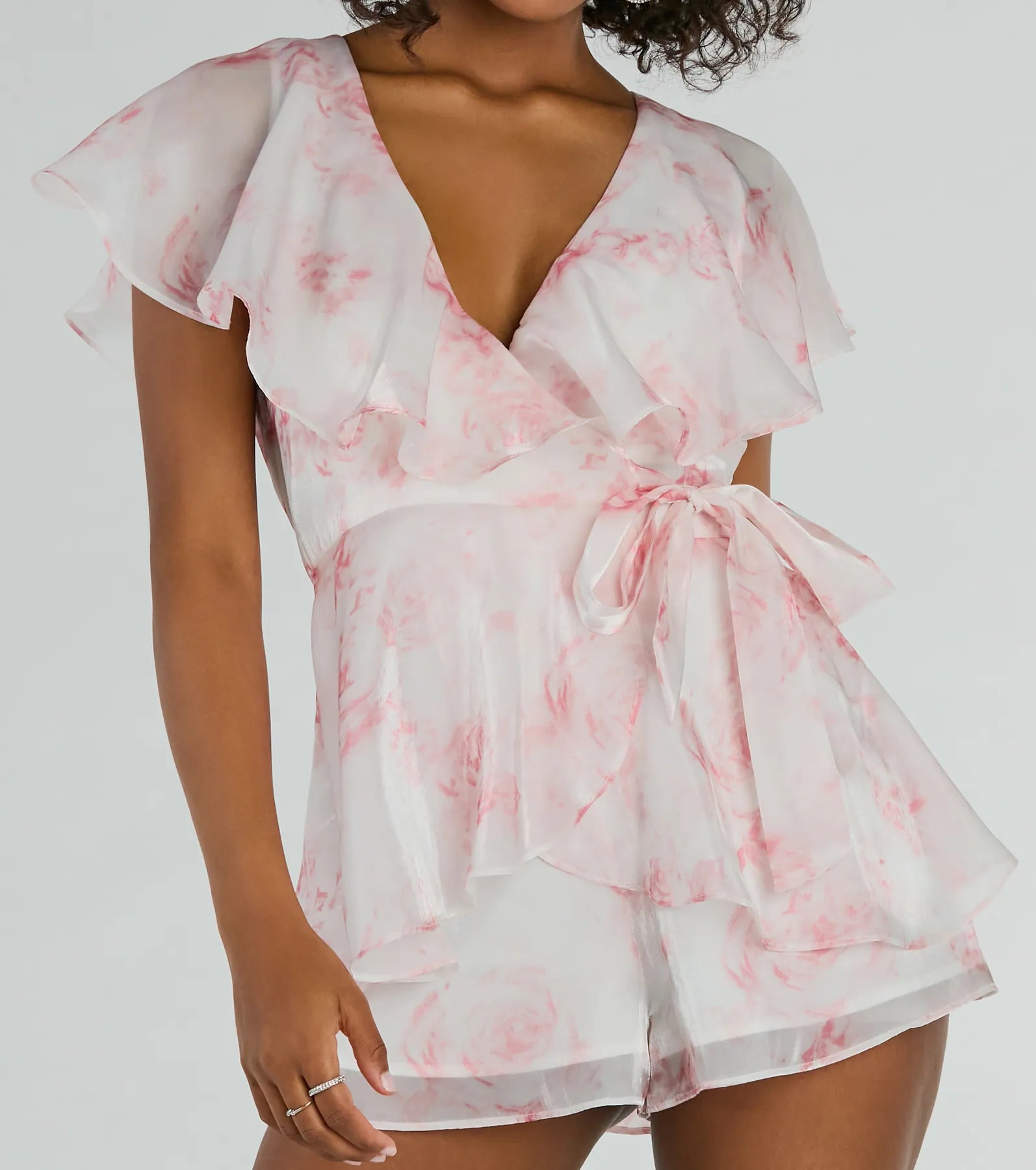 Dreamy Escape Ruffled Rose Floral Organza Romper