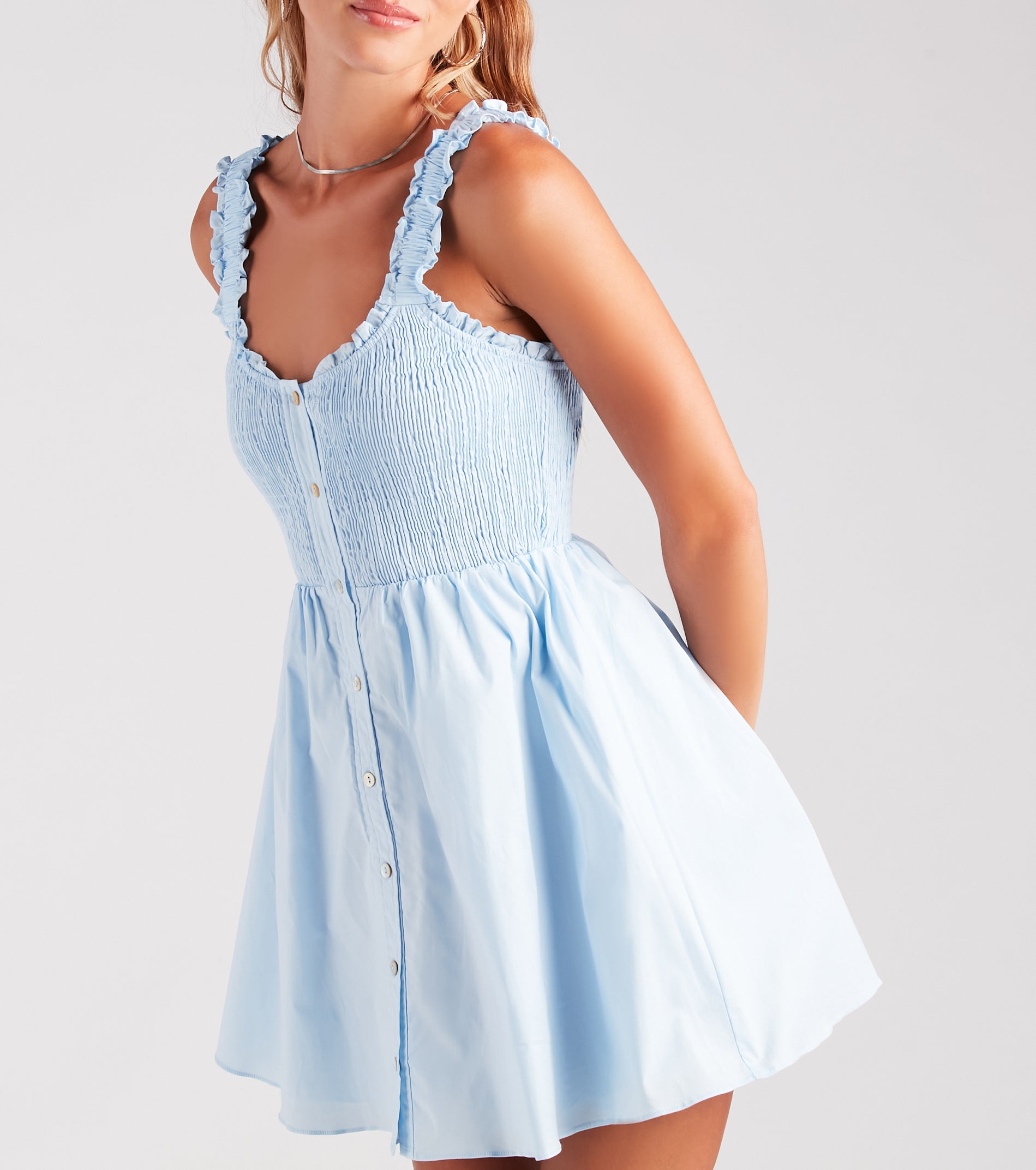 Work Or Play Ruffle Strap Button Skater Dress