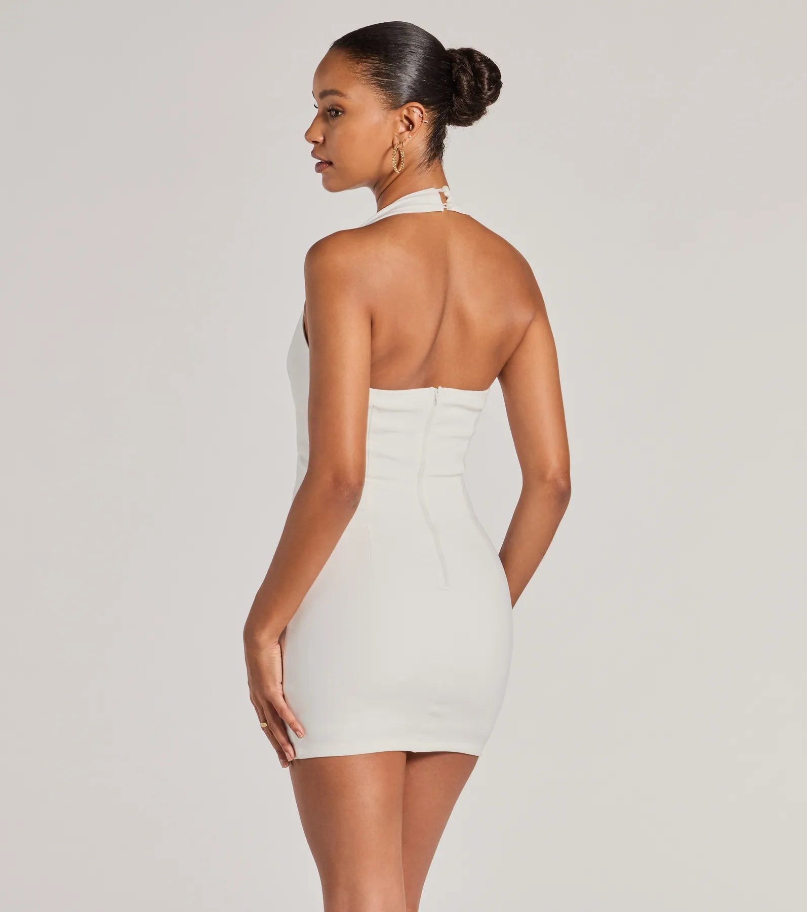 Bold Cutie Halter Buckle Crepe Mini Dress