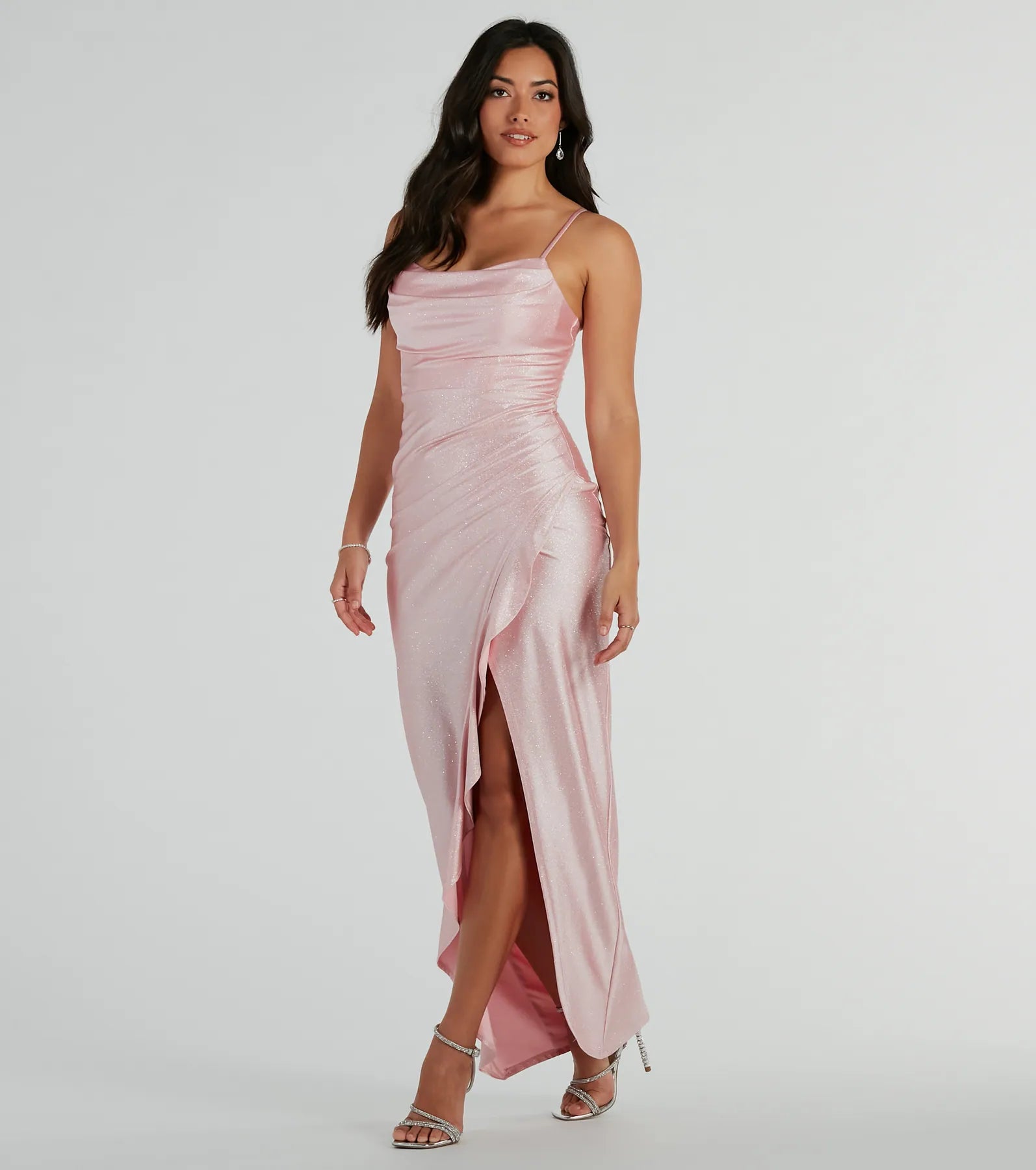 Ellen Ruffled Slit Long Glitter Formal Dress