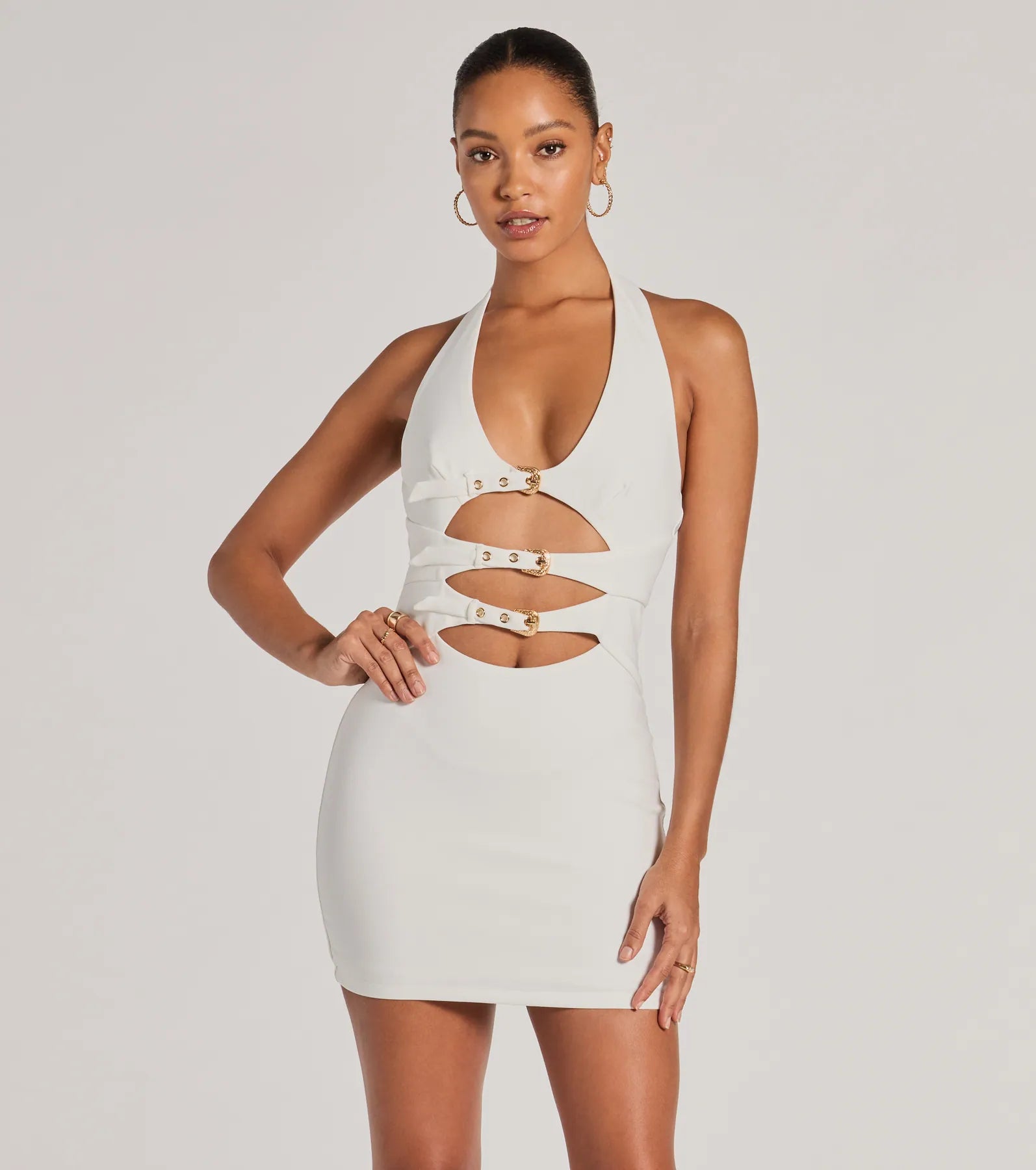 Bold Cutie Halter Buckle Crepe Mini Dress