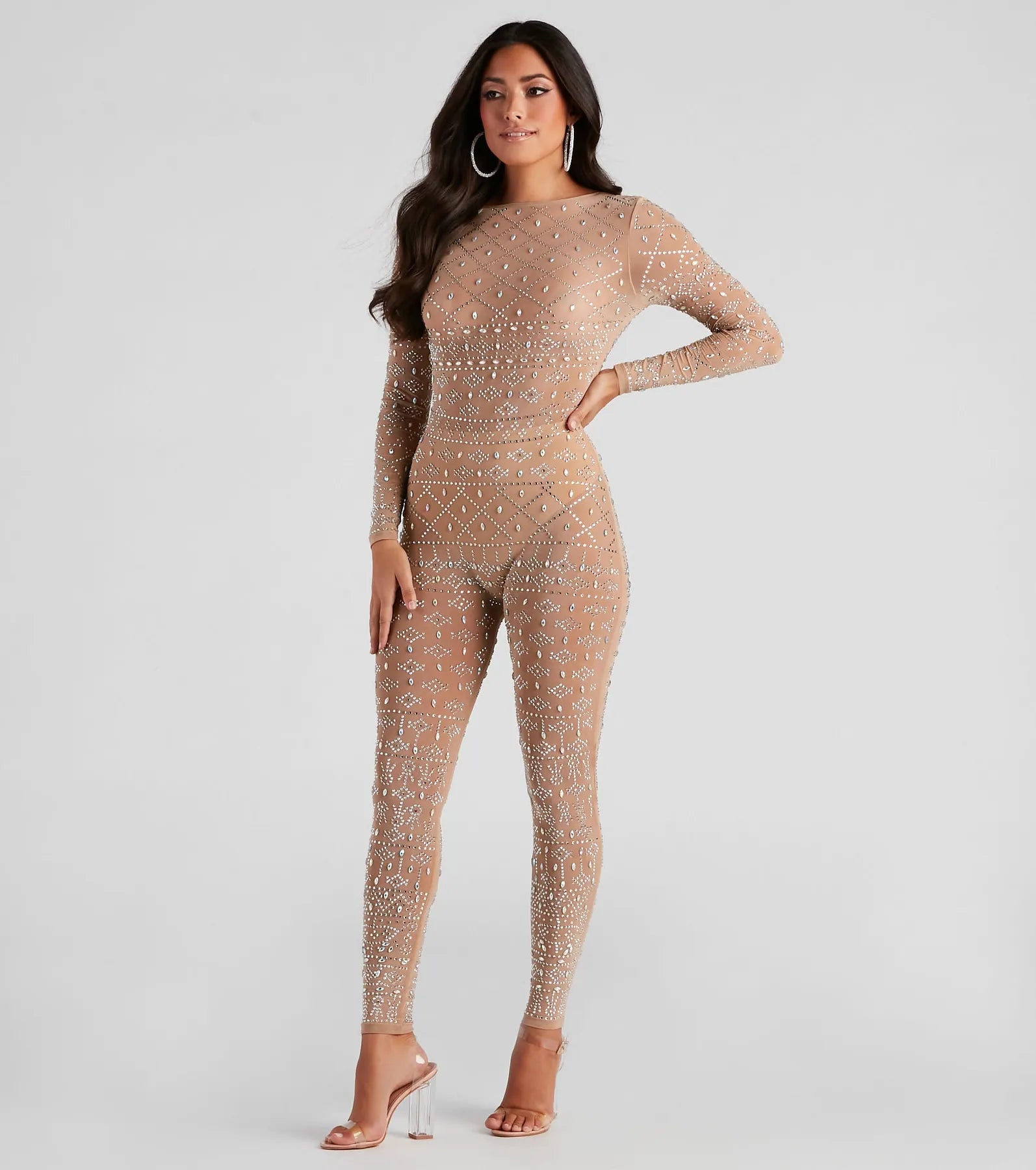 Iridescent Sparkle Rhinestone-Embellished Sheer Catsuit