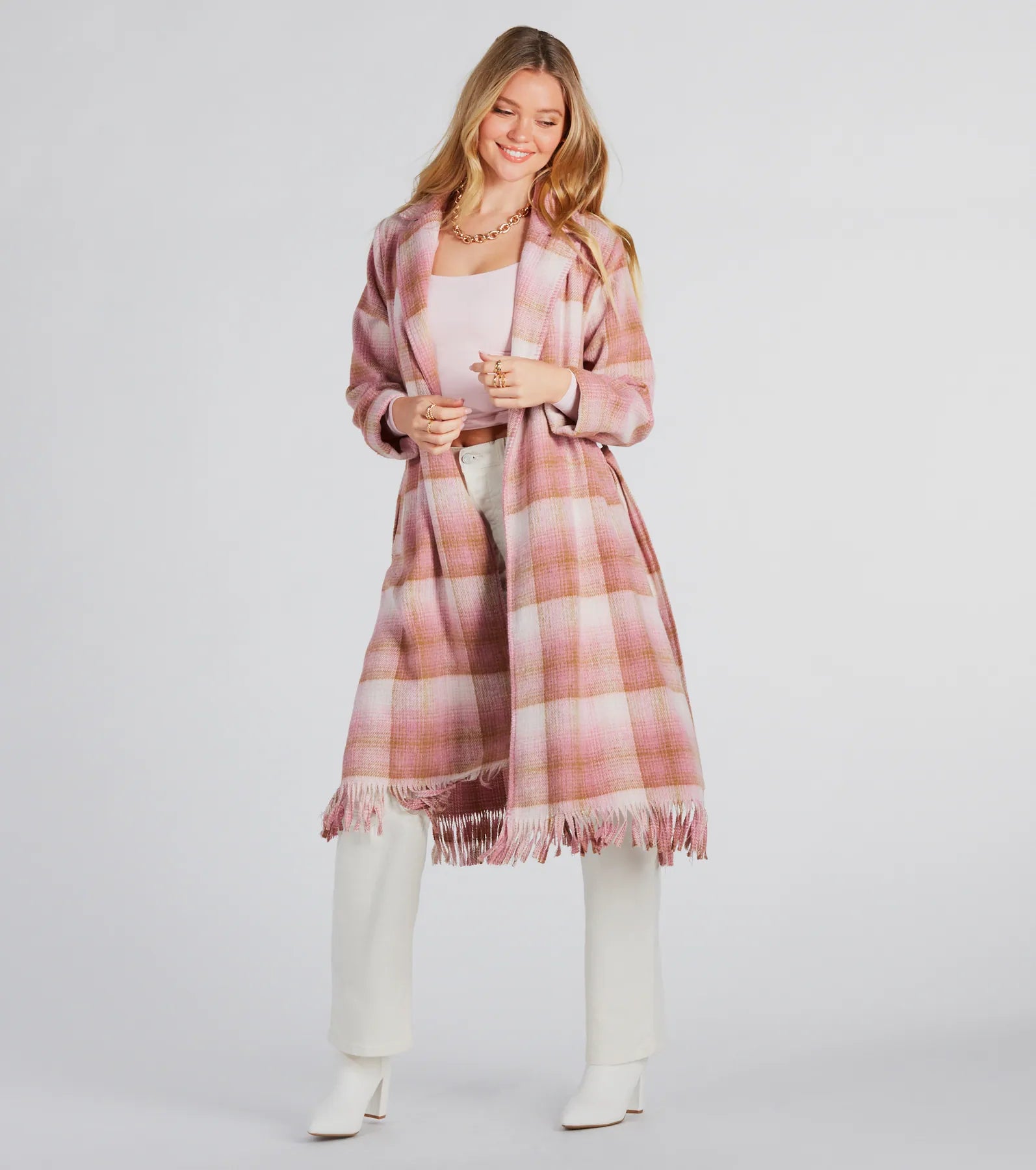 Perfect Plaid Fringe Faux Wool Trench Coat