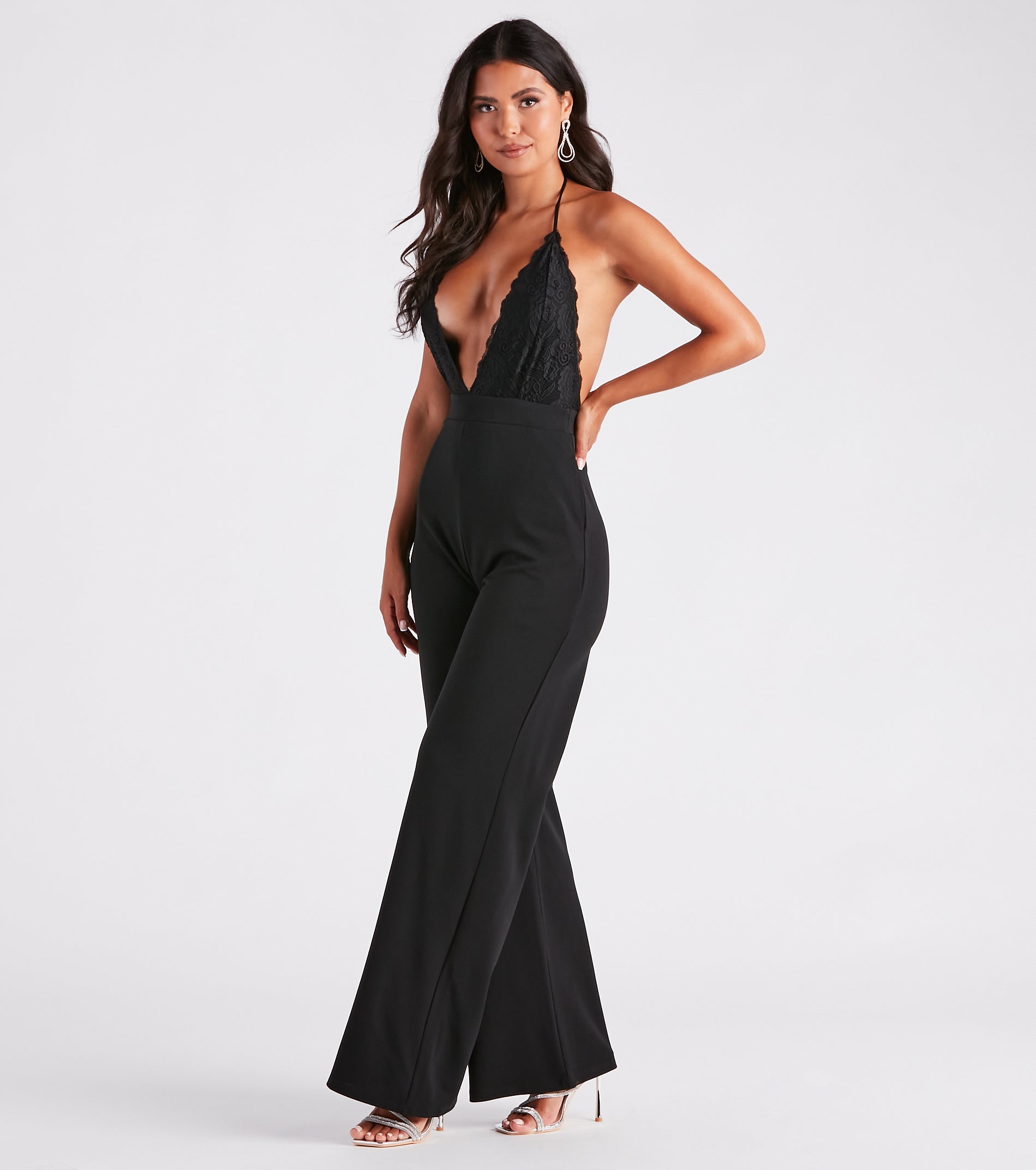 Chic Vibes Plunging Lace And Crepe Jumpsuit