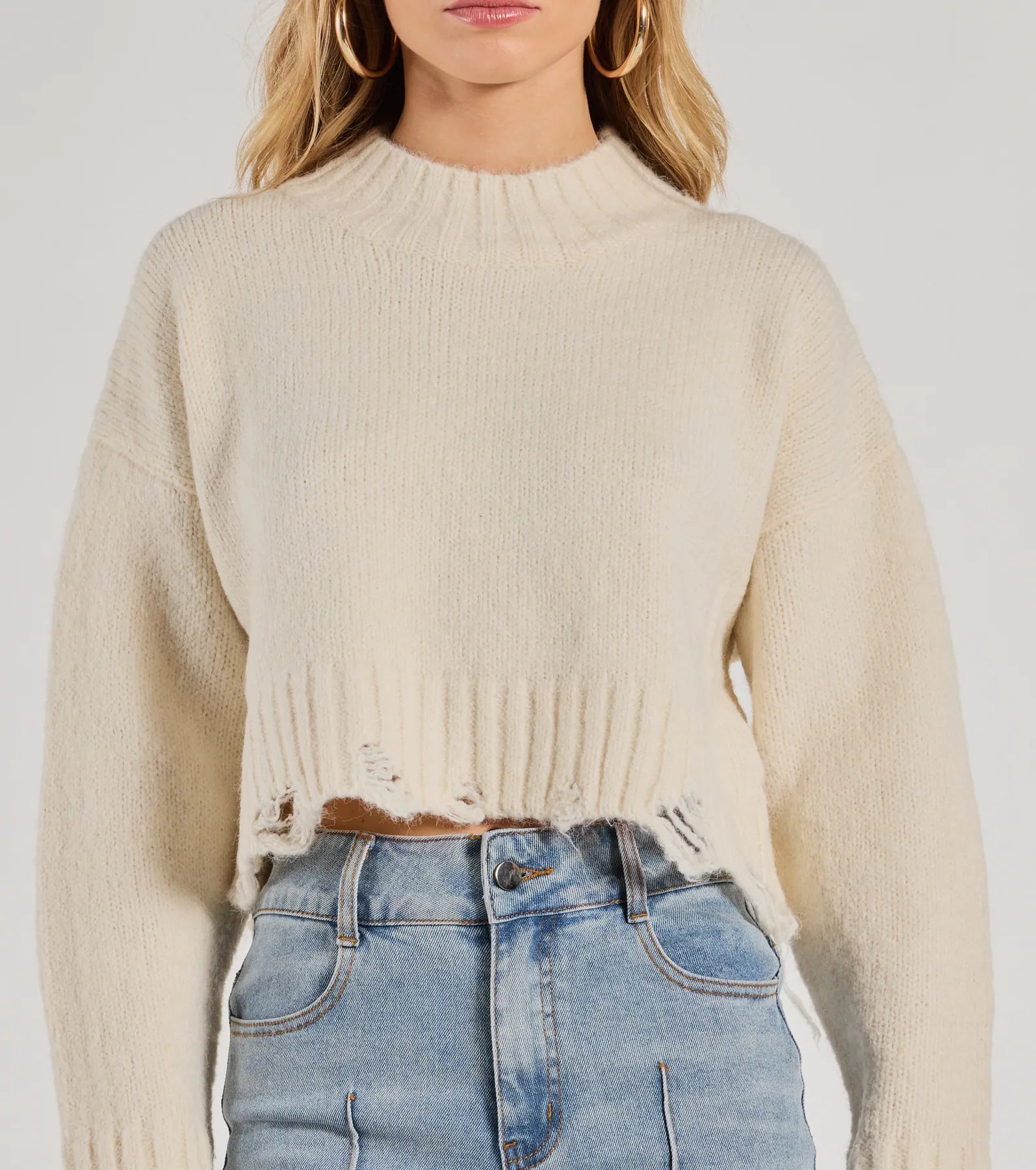 On-Trend Distressed Knit Mock Neck Sweater