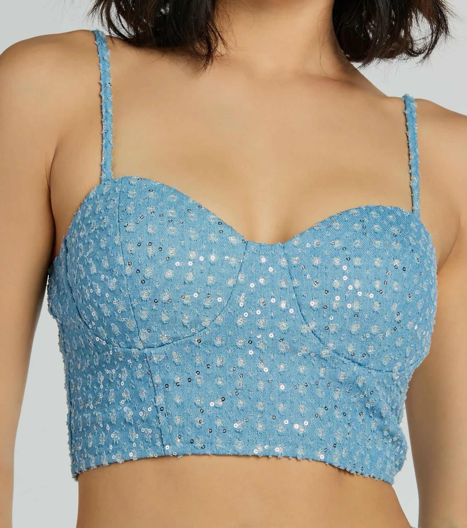 Feeling Flirty Sequin Glitter Denim Bustier Top