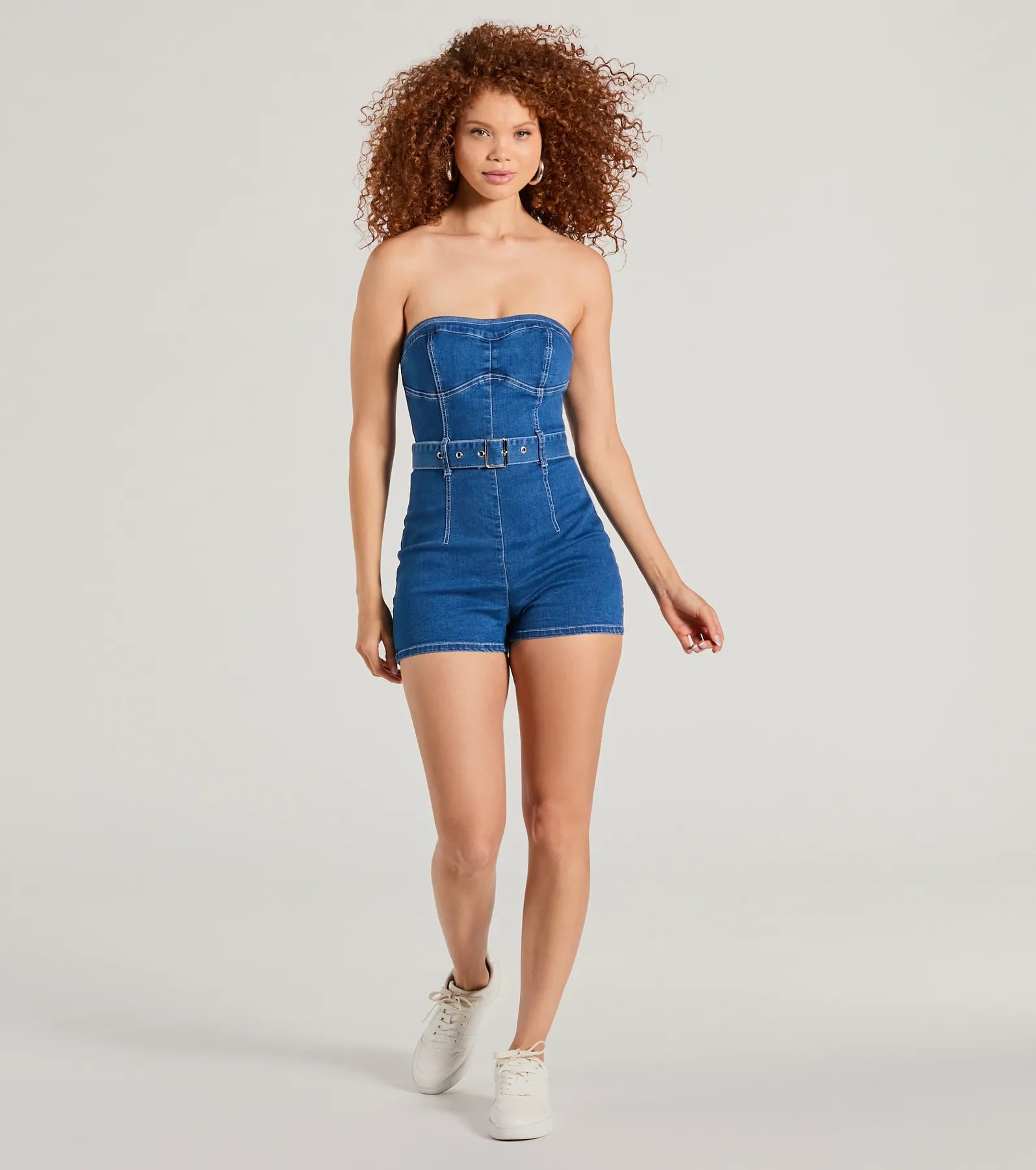 Cutie Alert Strapless Belted Denim Romper