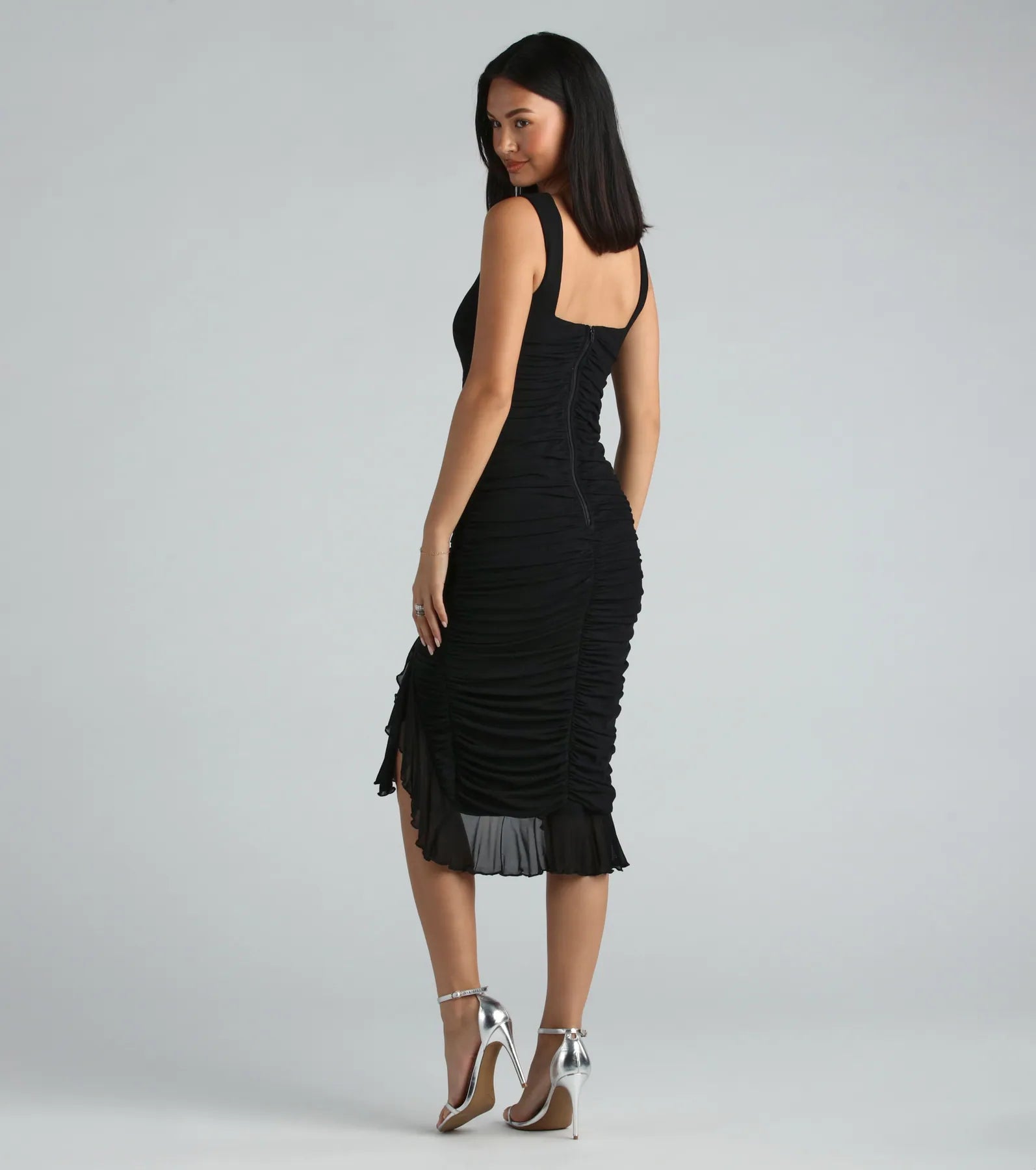 Casey Formal Mesh High Neck Ruffle Midi Dress