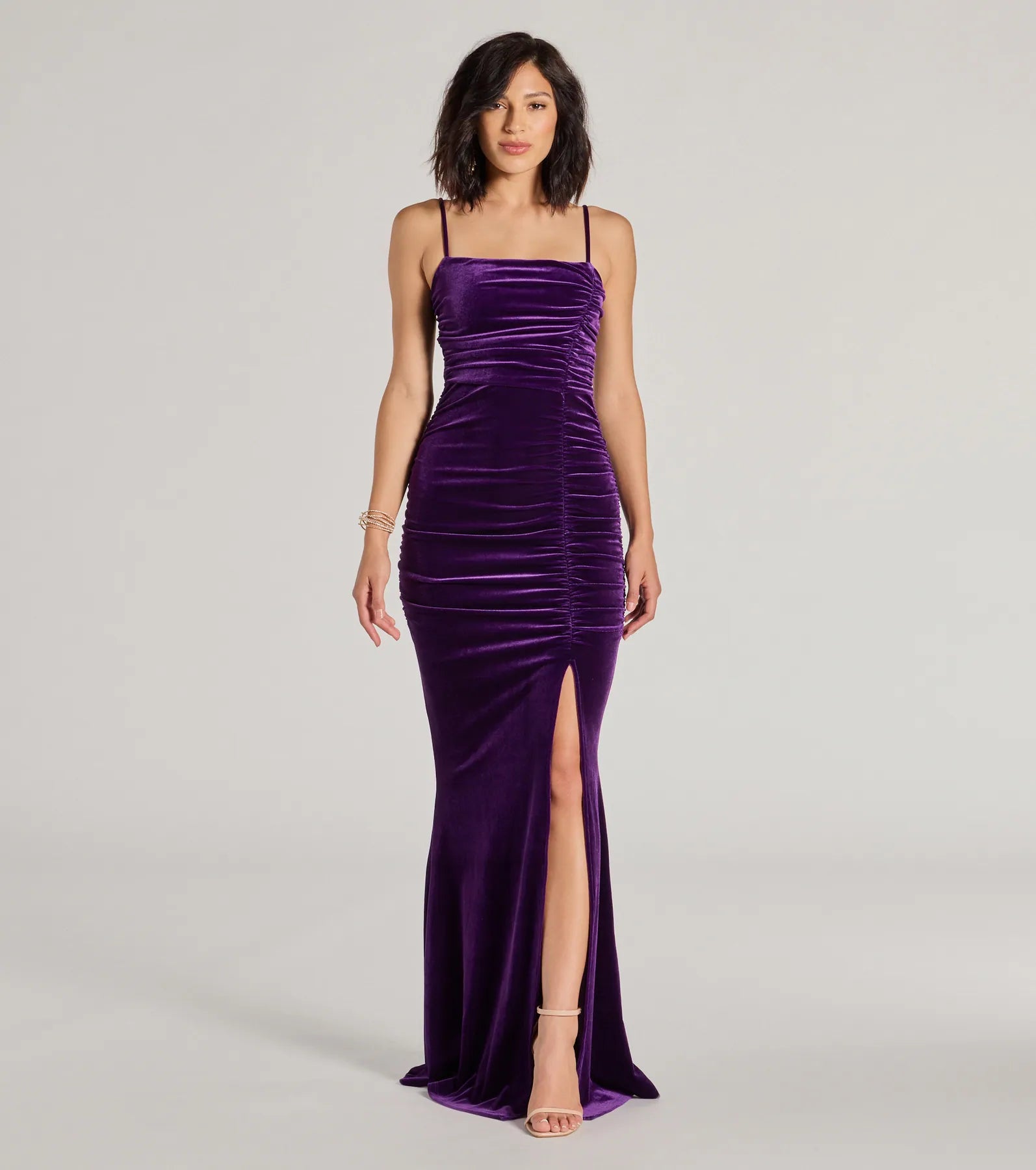 Alondra Ruched Velvet Front Slit Mermaid Dress