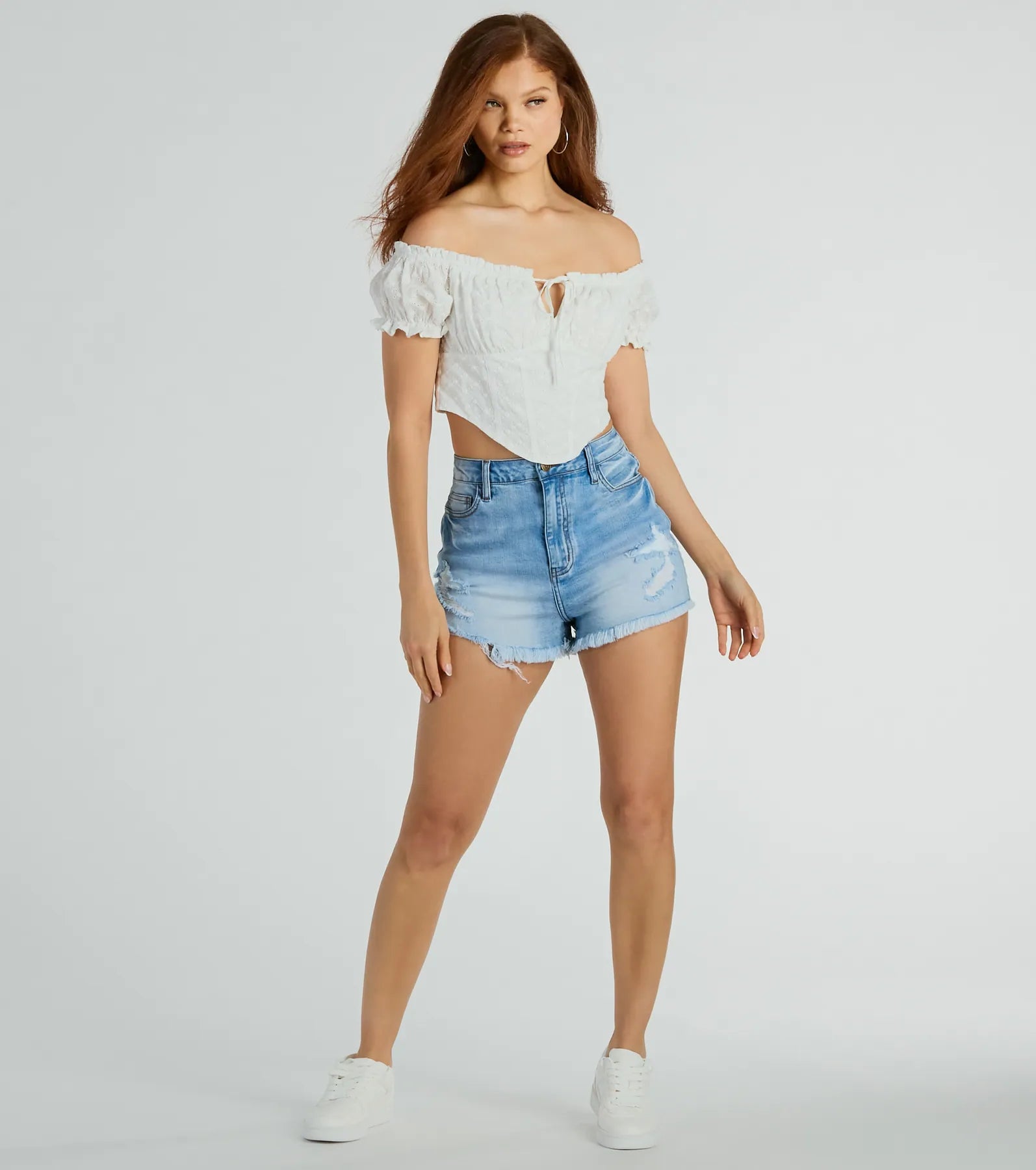 Effortless Mood Off-The-Shoulder Eyelet Corset Top