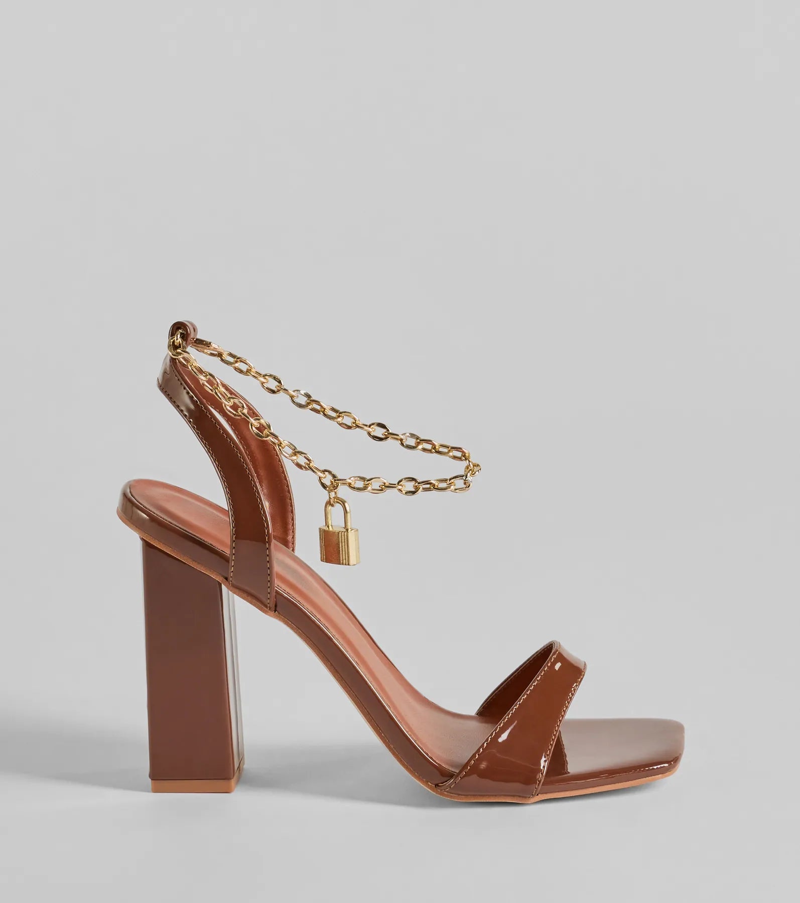 Locked In Chain Ankle Patent Block Heels