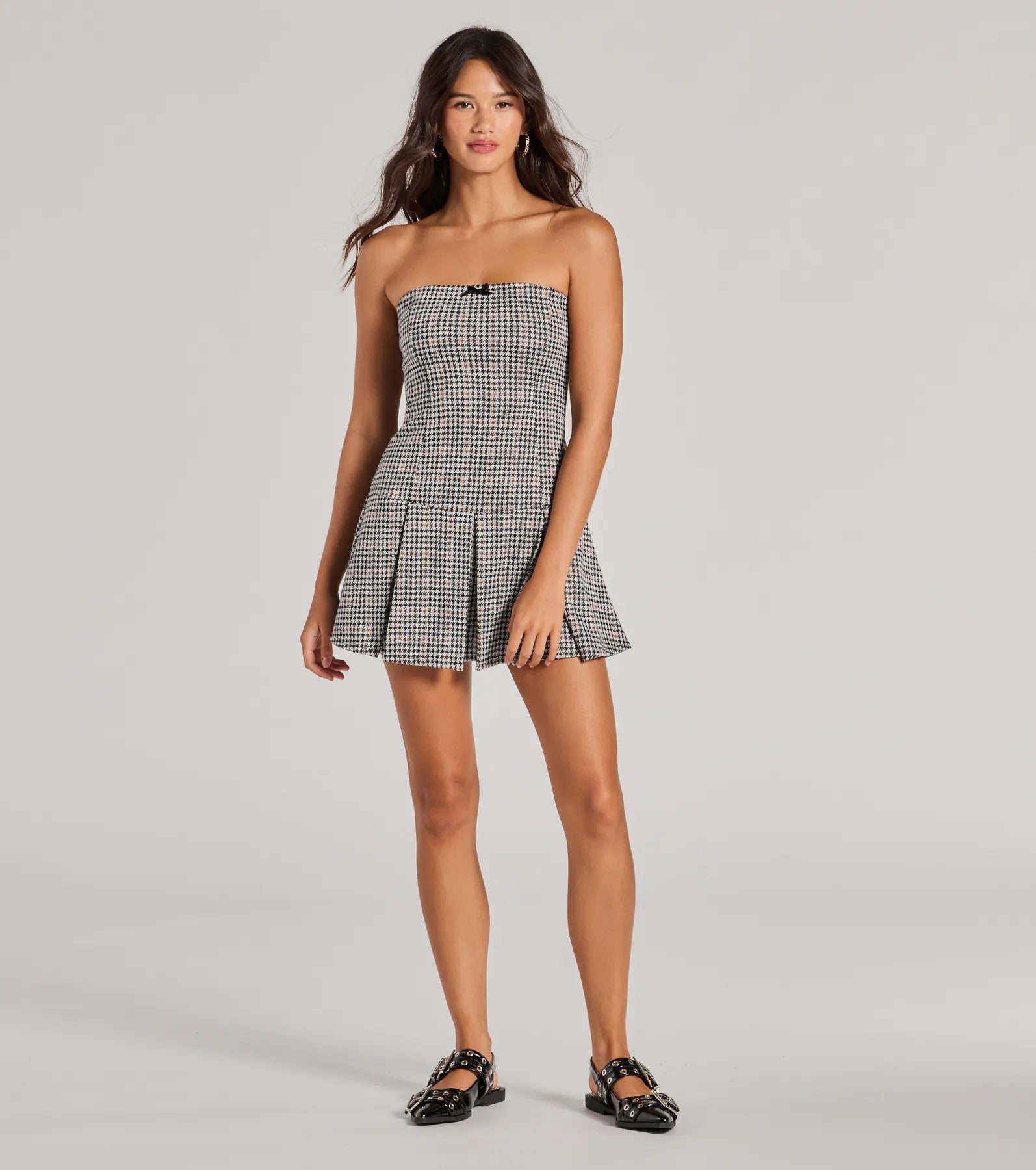 Sweet Perception Strapless Plaid Pleated Romper