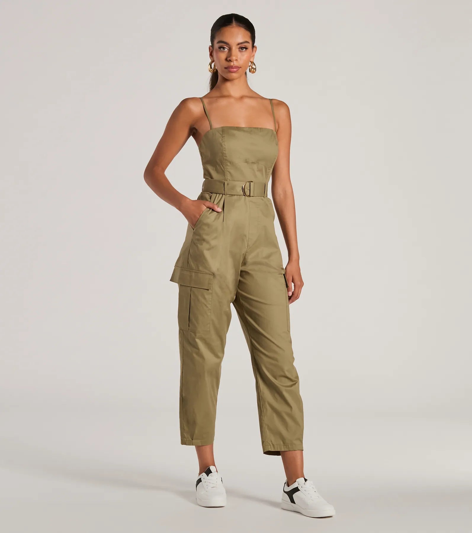 Social Outing Sleeveless Belted Cargo Crop Jumpsuit