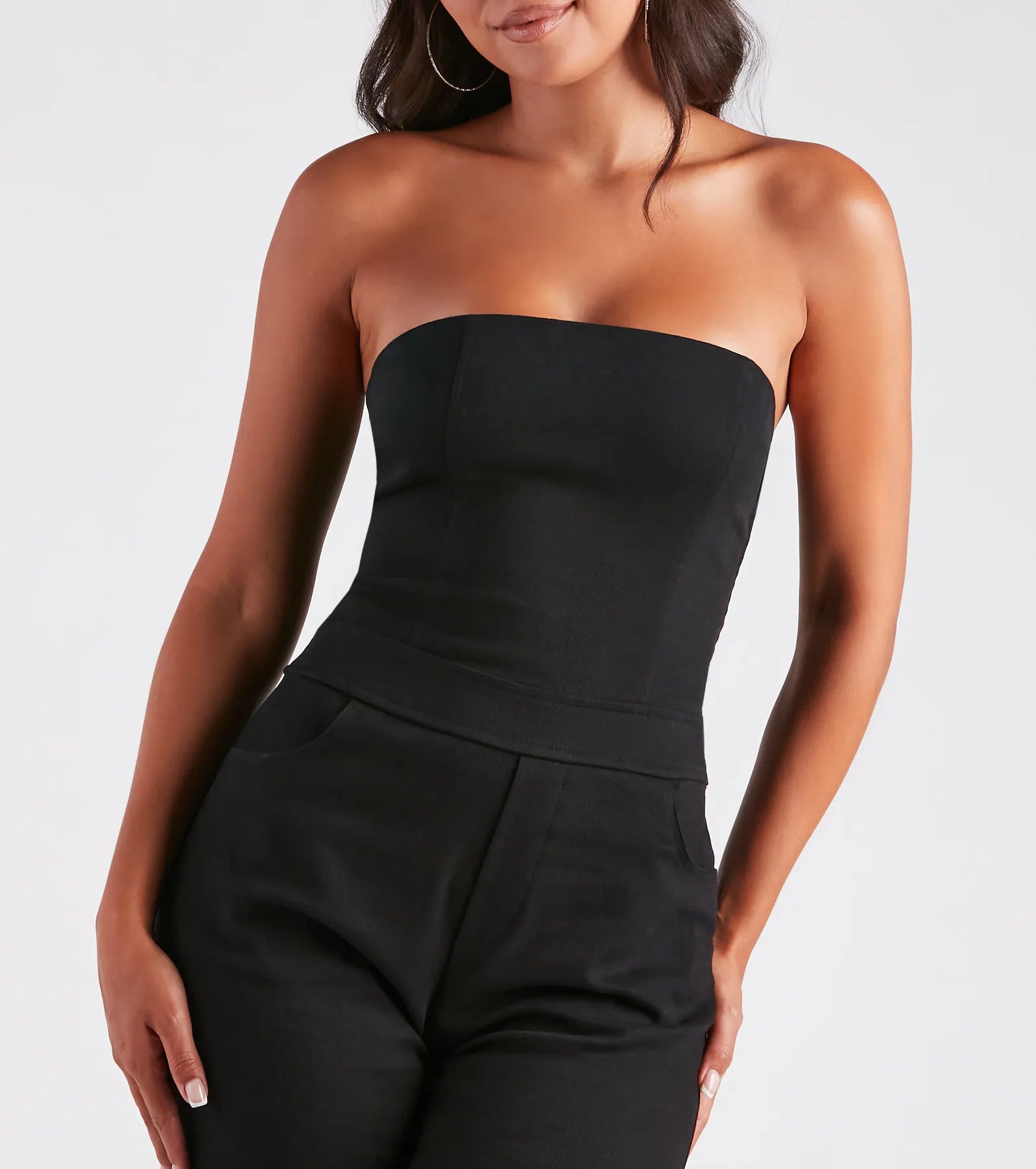 New Vibe Strapless Denim Cargo Jumpsuit