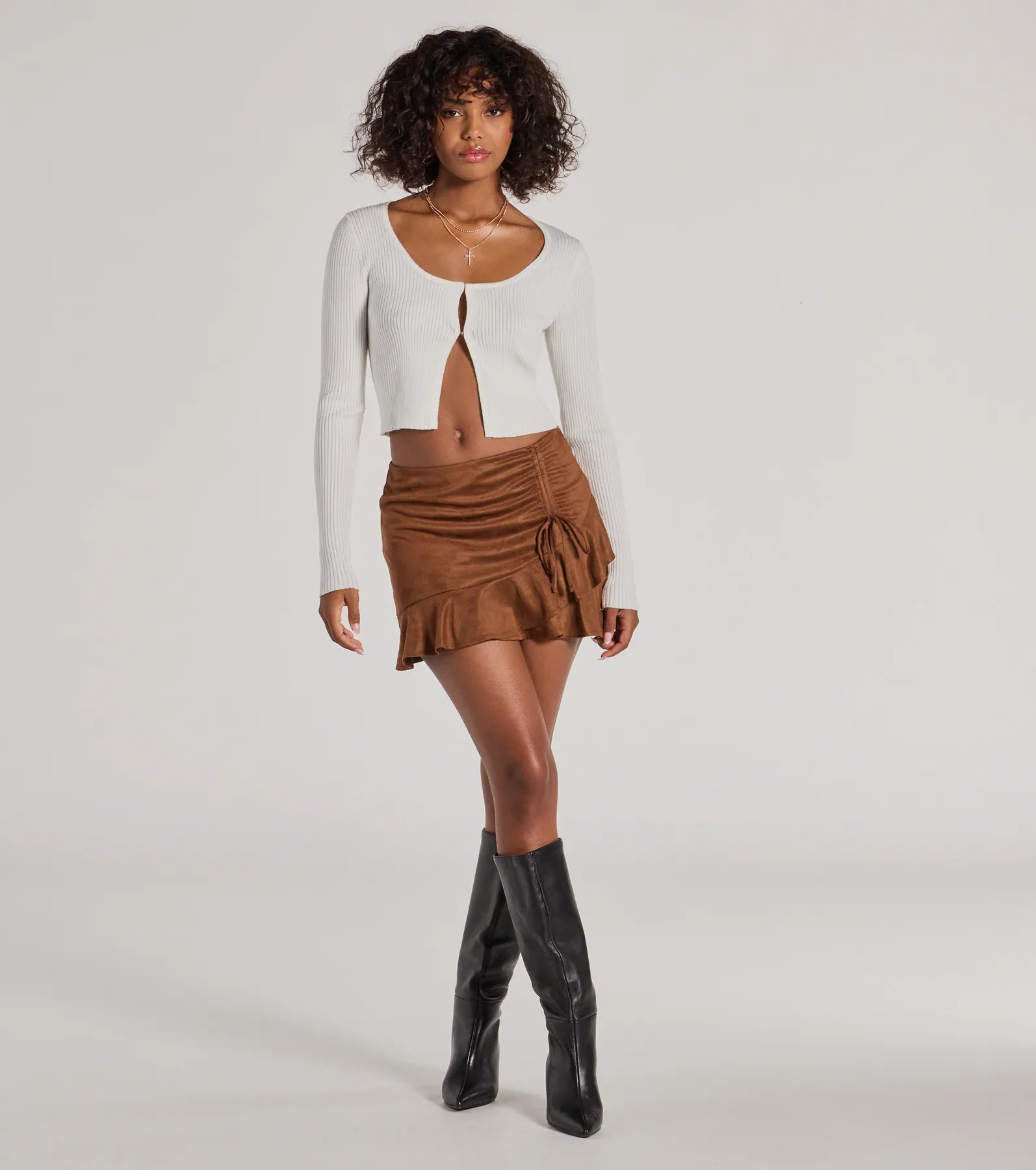 Charming Aura Faux Suede Ruched Ruffled Skort