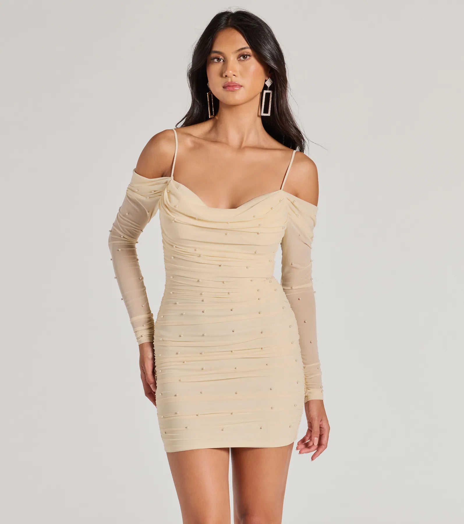 Talia Pearl Mesh Cold-Shoulder Mini Dress